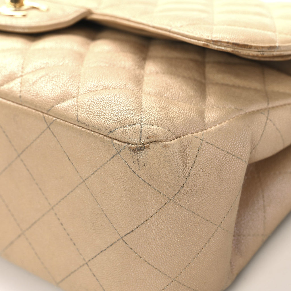 Iridescent Caviar Quilted Jumbo Double Flap Beige