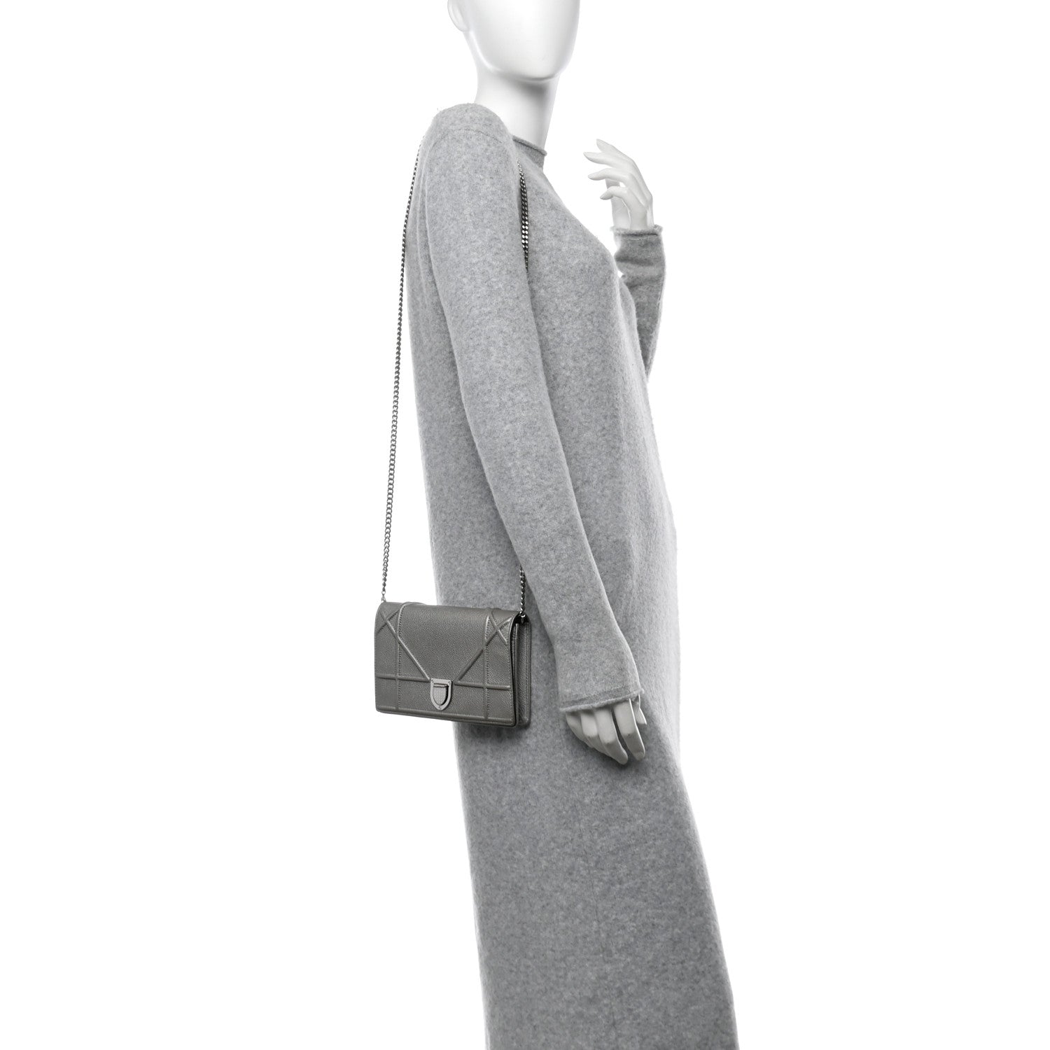 Metallic Grained Calfskin Diorama Wallet on Chain Pouch Silver