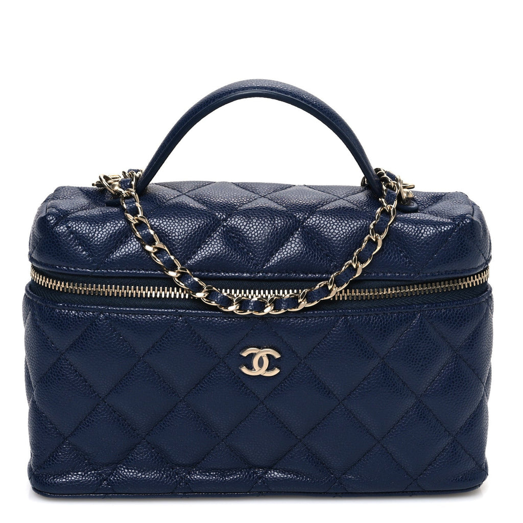Caviar Quilted Top Handle Slim Vanity With Chain Navy