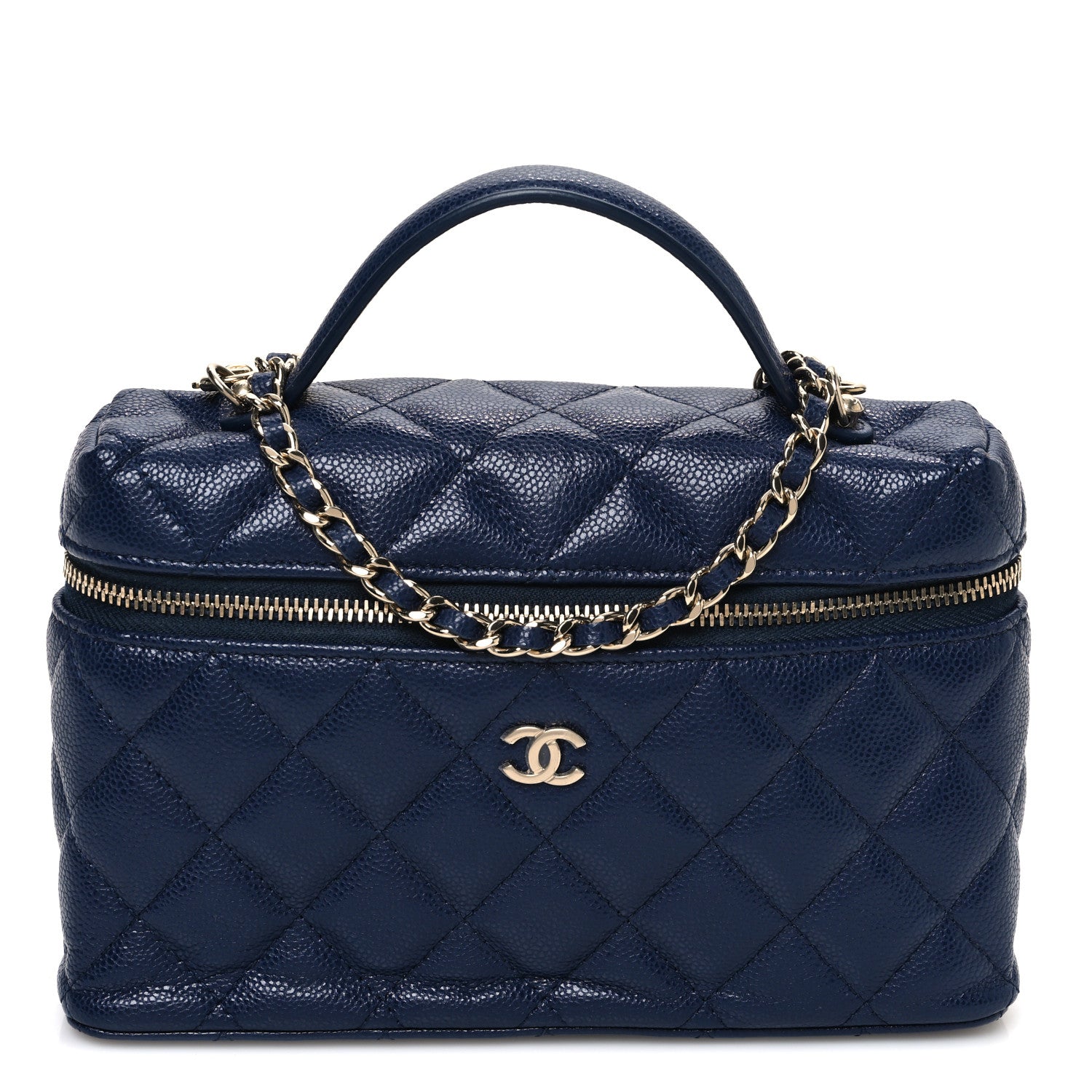 Caviar Quilted Top Handle Slim Vanity With Chain Navy
