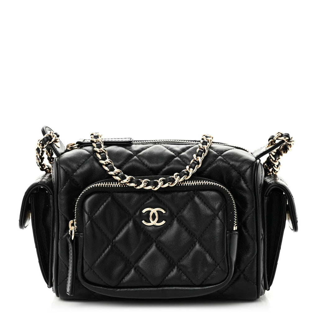 Shiny Crumpled Lambskin Quilted Small Preppy Pocket Camera Case Black