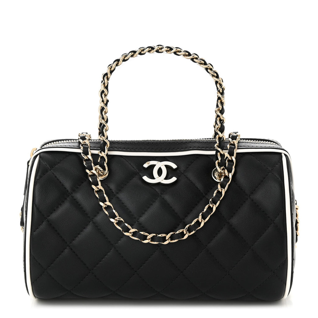 Lambskin Quilted Resin CC Mini Bowling Clutch With Chain Black White