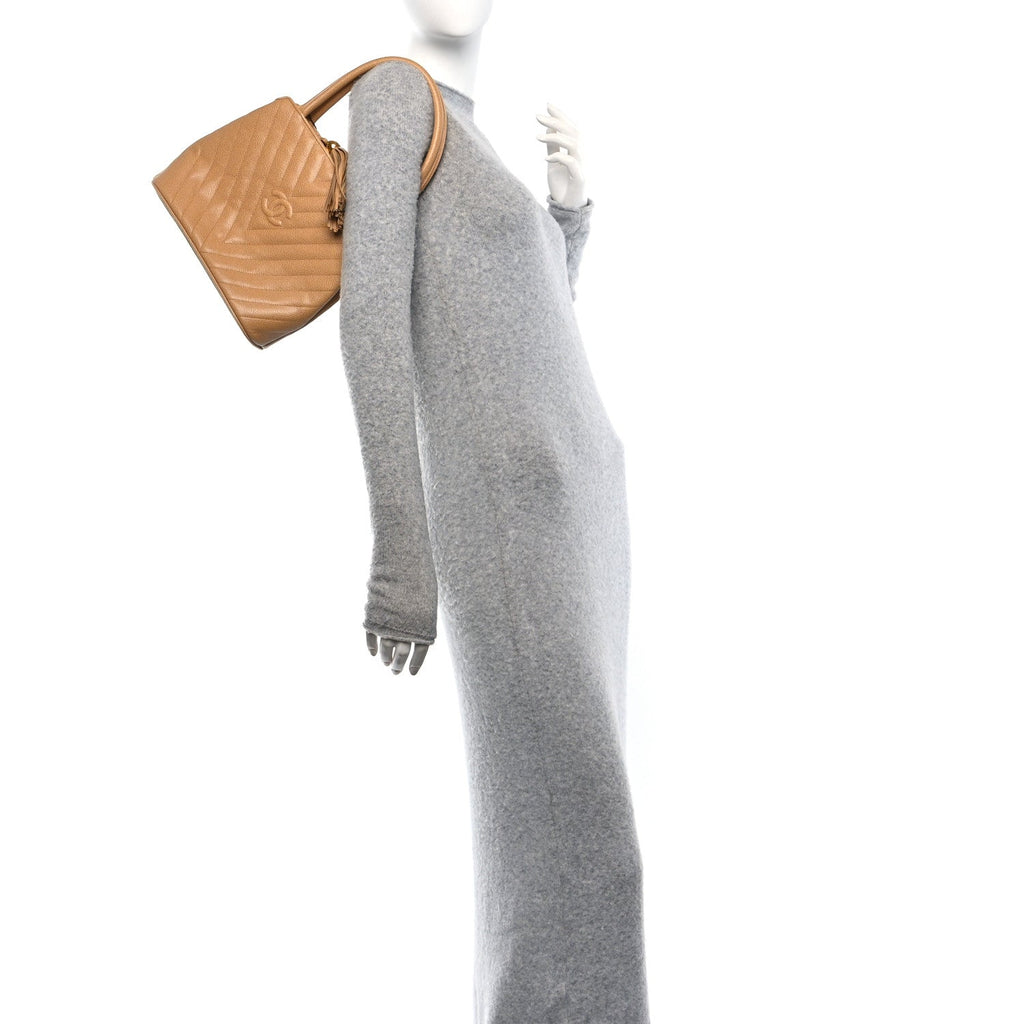 Caviar Chevron Tassel Tote Beige