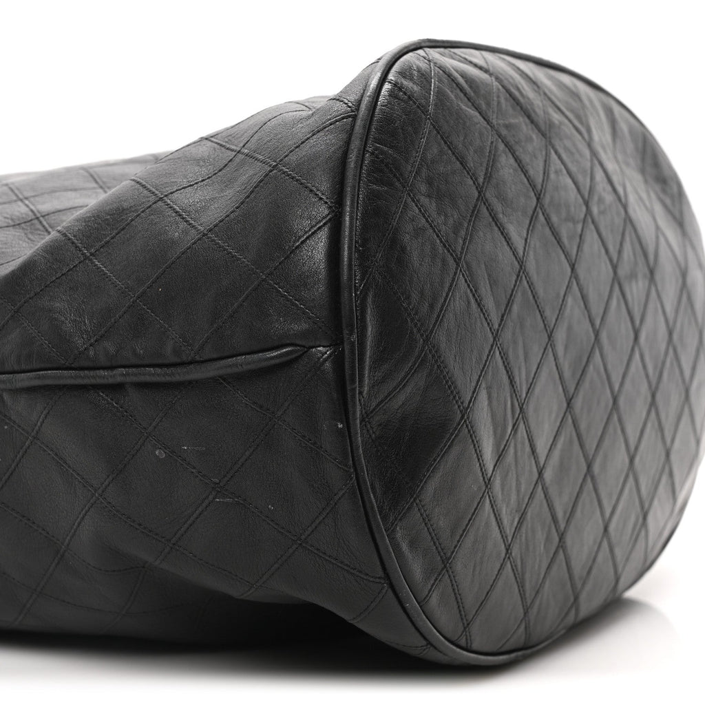 Lambskin Quilted Drawstring Bucket Bag Black