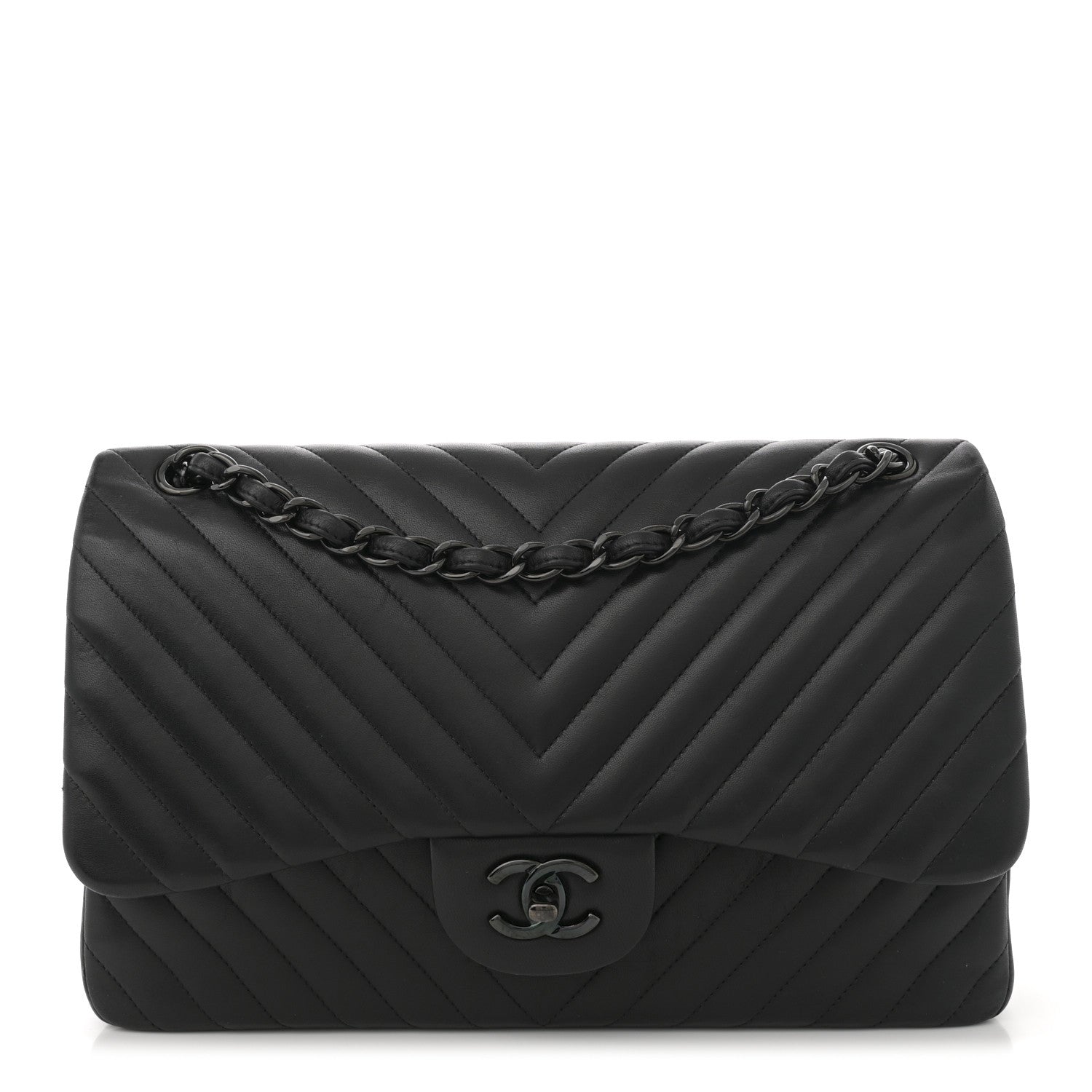 Lambskin Chevron Quilted Jumbo Double Flap So Black