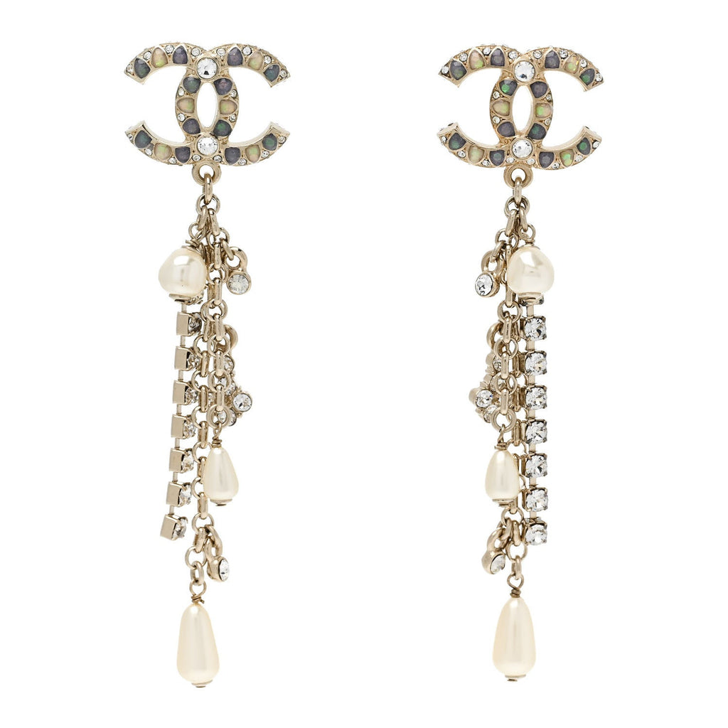 Crystal Pearl CC Chain Drop Earrings Multicolor
