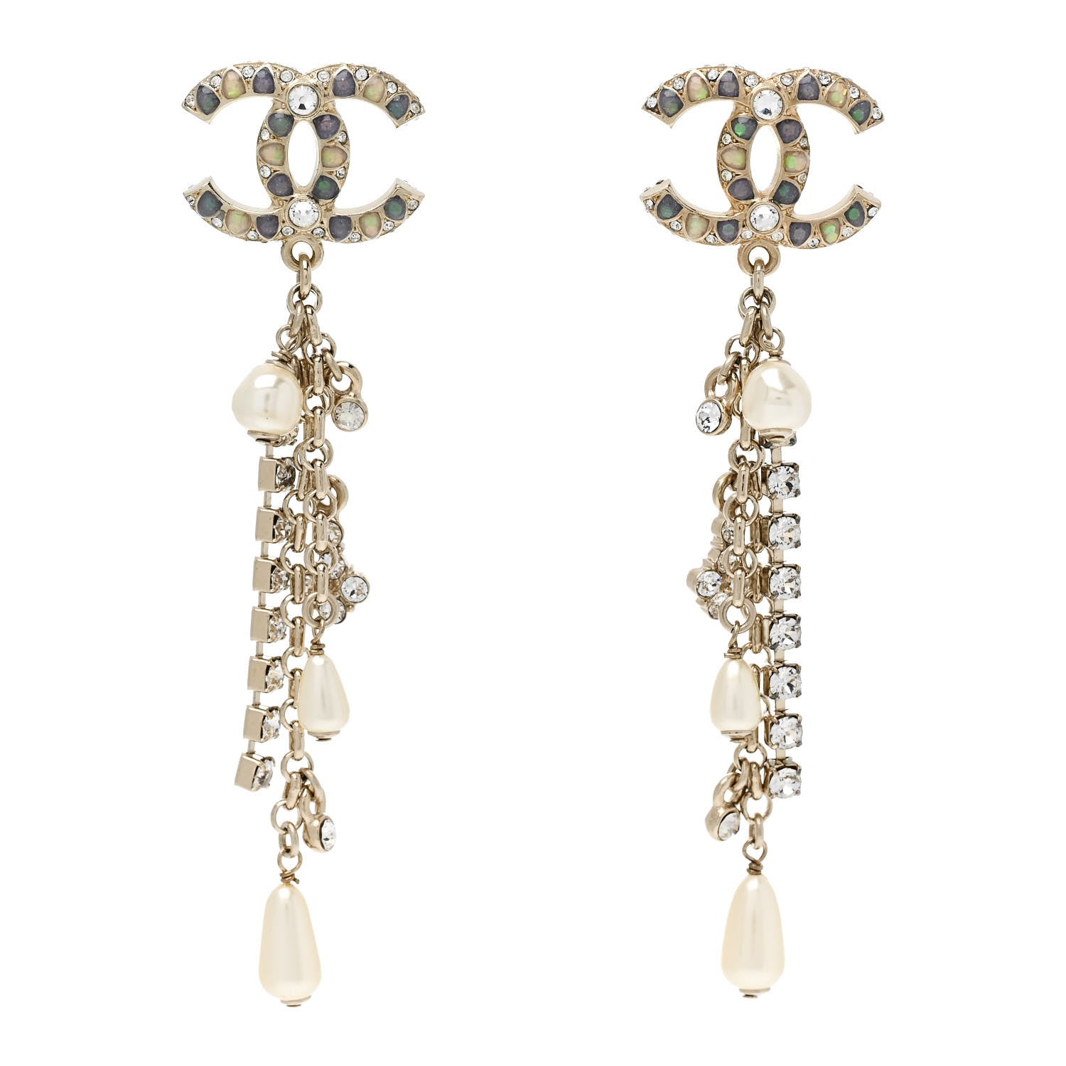 Crystal Pearl CC Chain Drop Earrings Multicolor