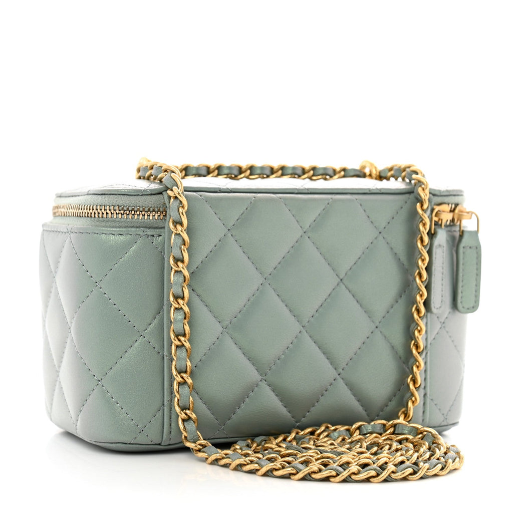 Metallic Lambskin Quilted Small CC Dynasty Vanity Case With Chain Grey