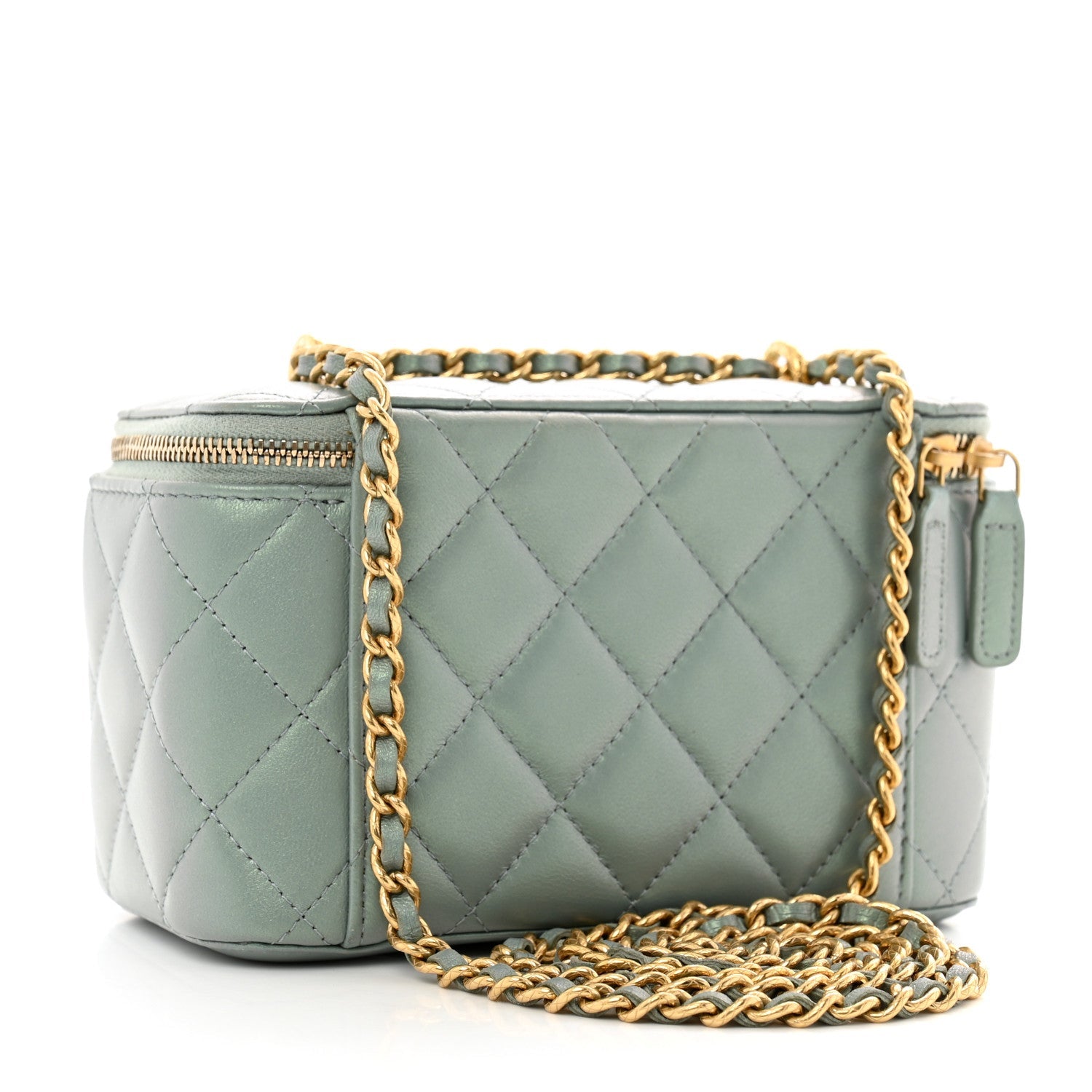 Metallic Lambskin Quilted Small CC Dynasty Vanity Case With Chain Grey