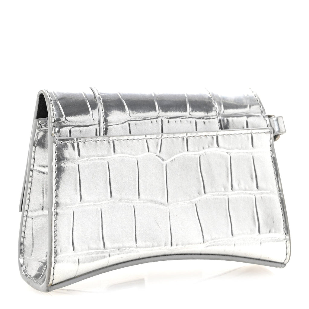 Metallic Calfskin Crocodile Embossed Hourglass Chain holder Silver