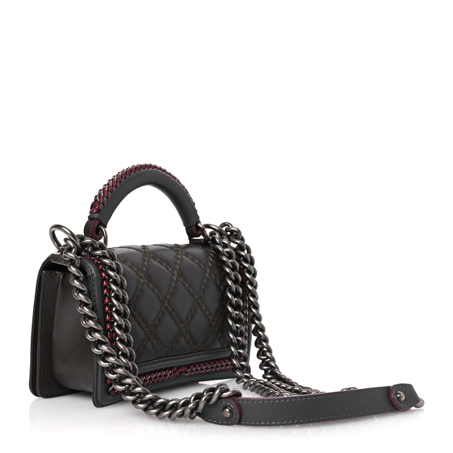 Calfskin Quilted Small Boy Top Handle Flap Grey Burgundy
