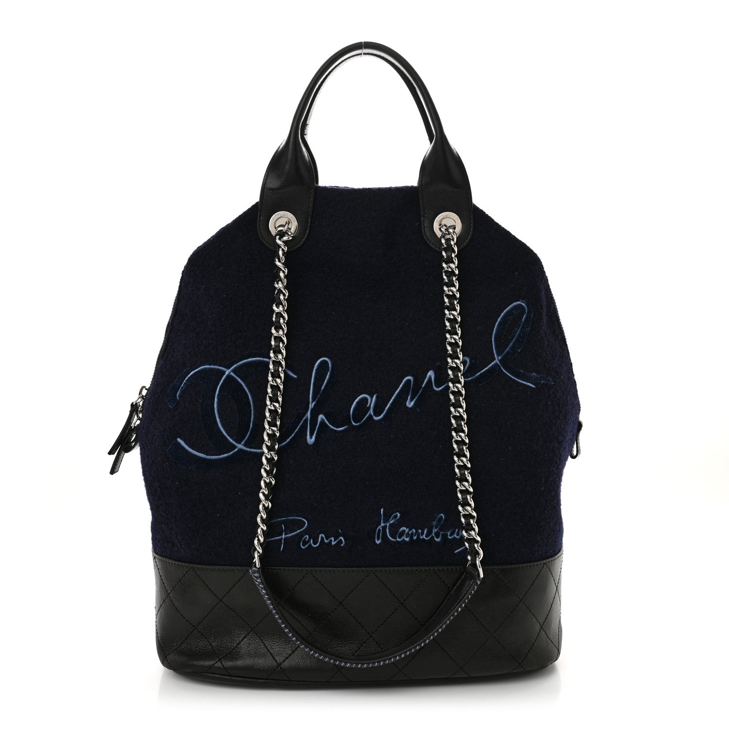 Wool Calfskin Embroidered Paris Hamburg Large Shopping Bag Blue