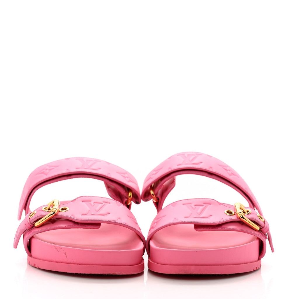Calfskin Monogram Embossed Bom Dia Flat Mule Sandals 38 Pink