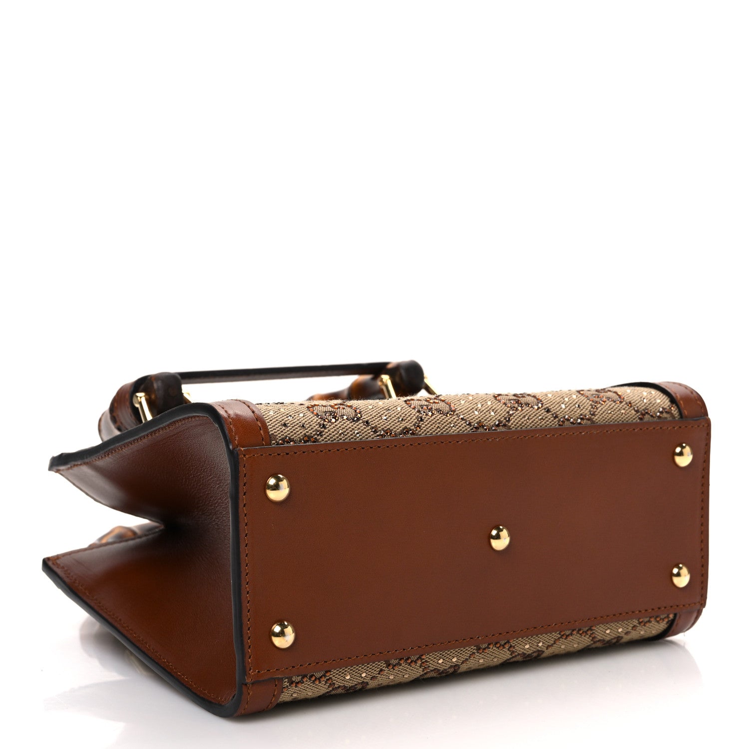 New Canvas Charisma Calfskin Crystal GG Monogram Mini Diana Tote Bag Camel Ebony