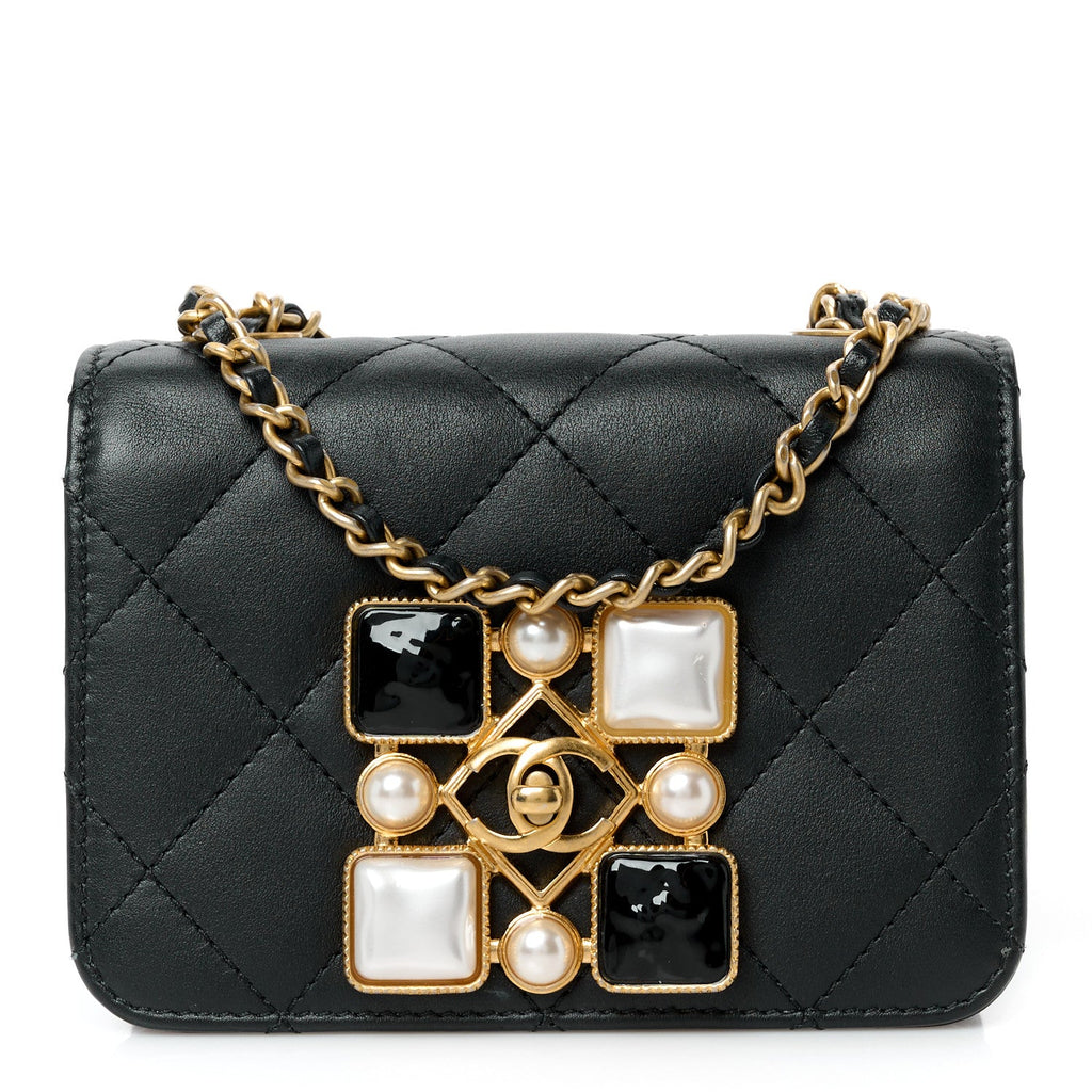 Calfskin Quilted Crystal Pearl Mini Flap Bag Black