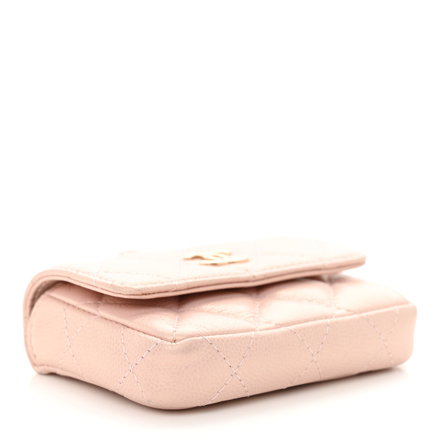 Iridescent Caviar Quilted Pearl On Top Coin Purse With Chain Light Pink