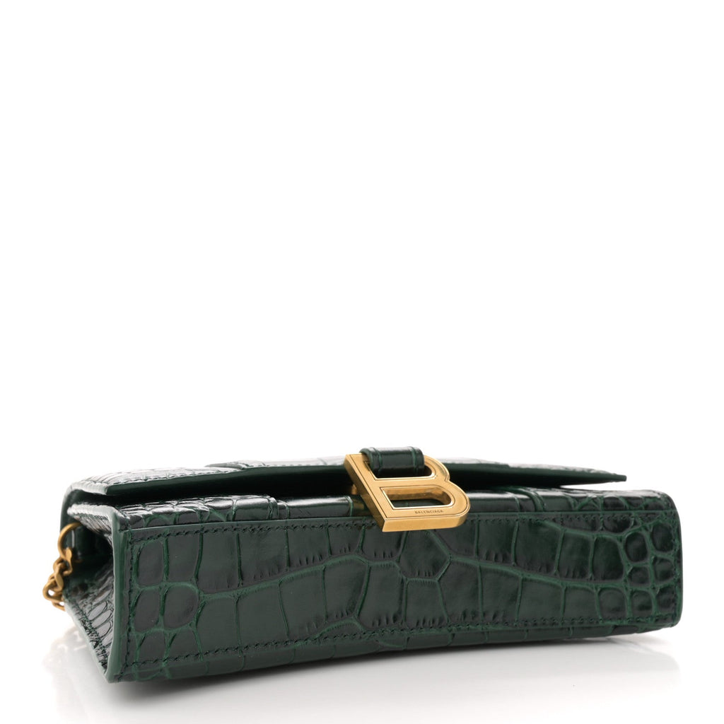 Shiny Calfskin Crocodile Embossed Hourglass Chain Bag Forest Green