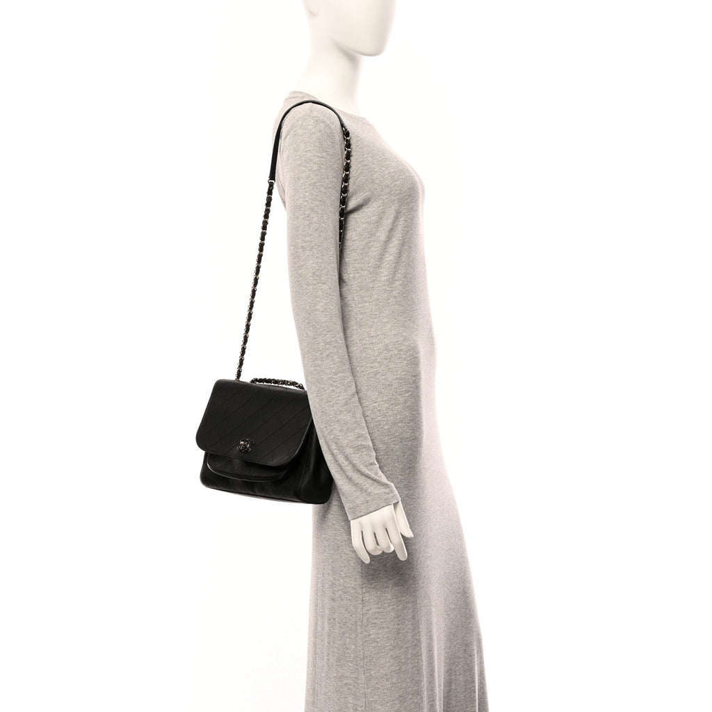 Calfskin Stitched Medium Covered CC Flap Bag Black