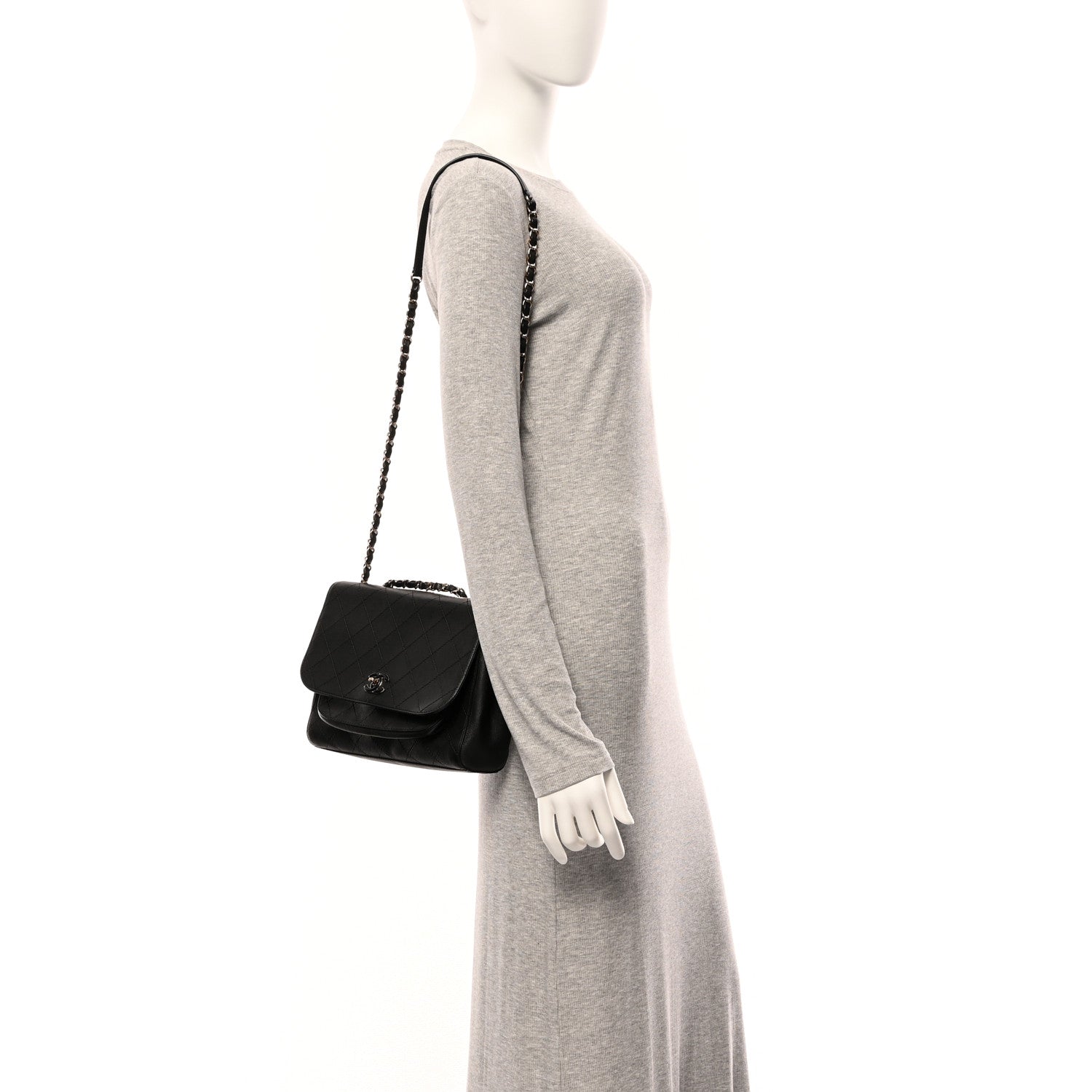 Calfskin Stitched Medium Covered CC Flap Bag Black