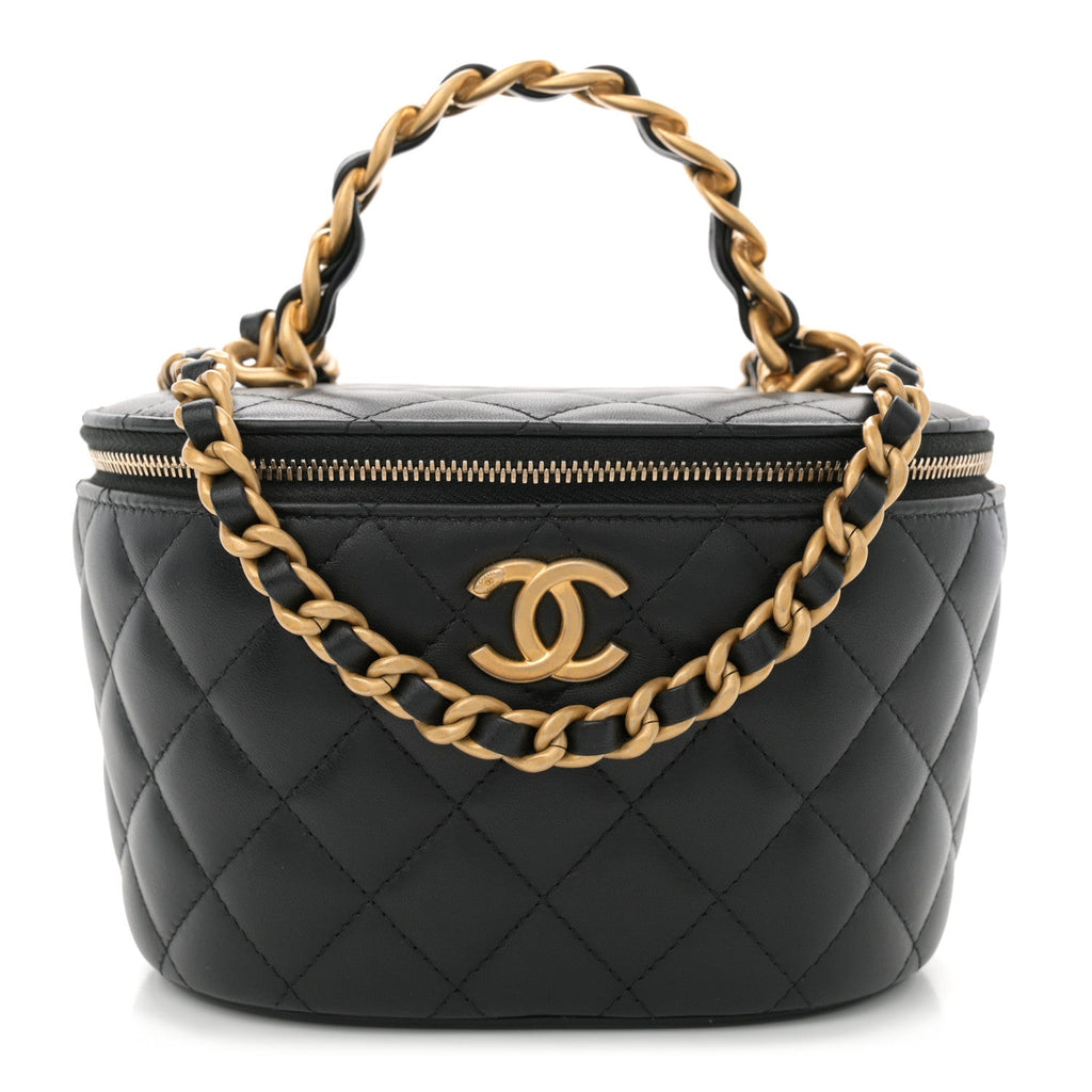 Lambskin Quilted Chain Top Handle Round Vanity Case Black