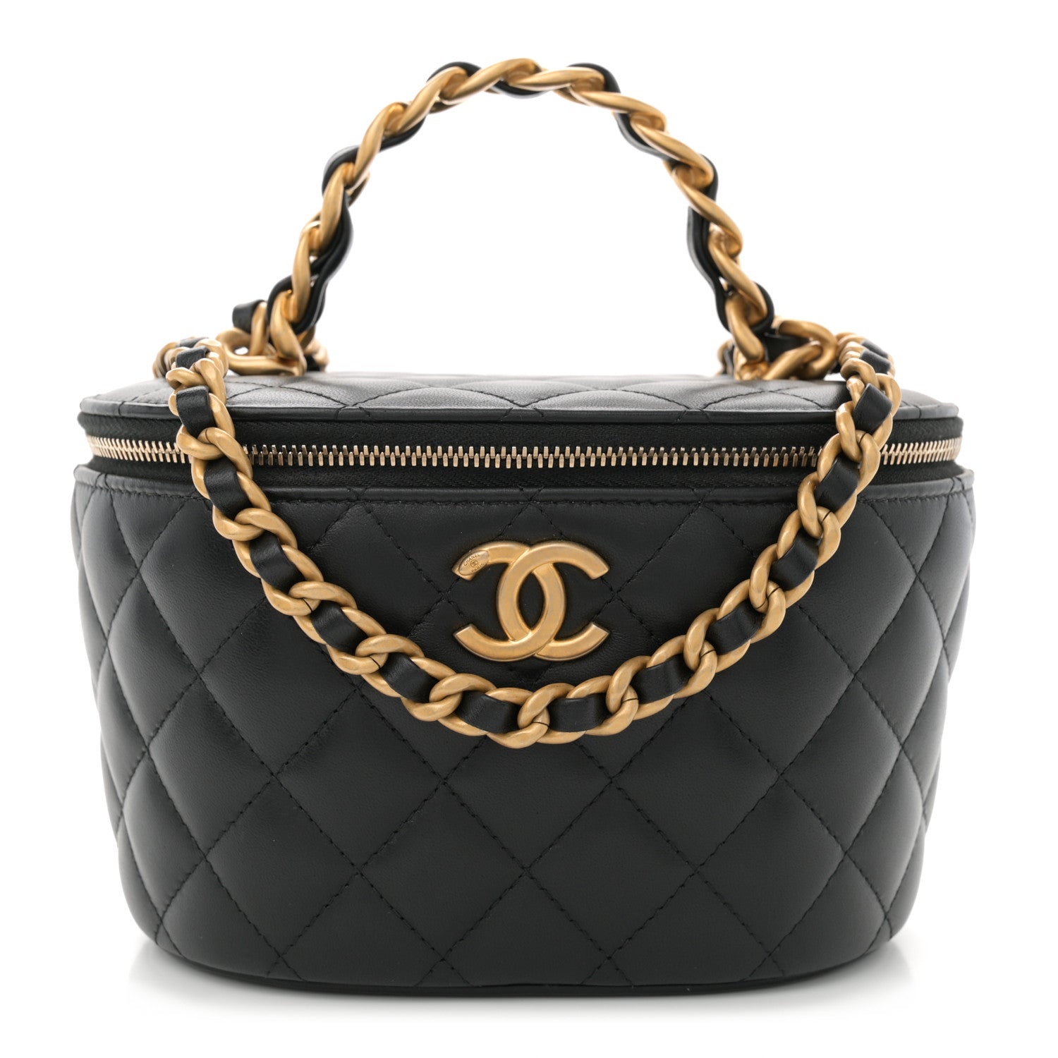 Lambskin Quilted Chain Top Handle Round Vanity Case Black