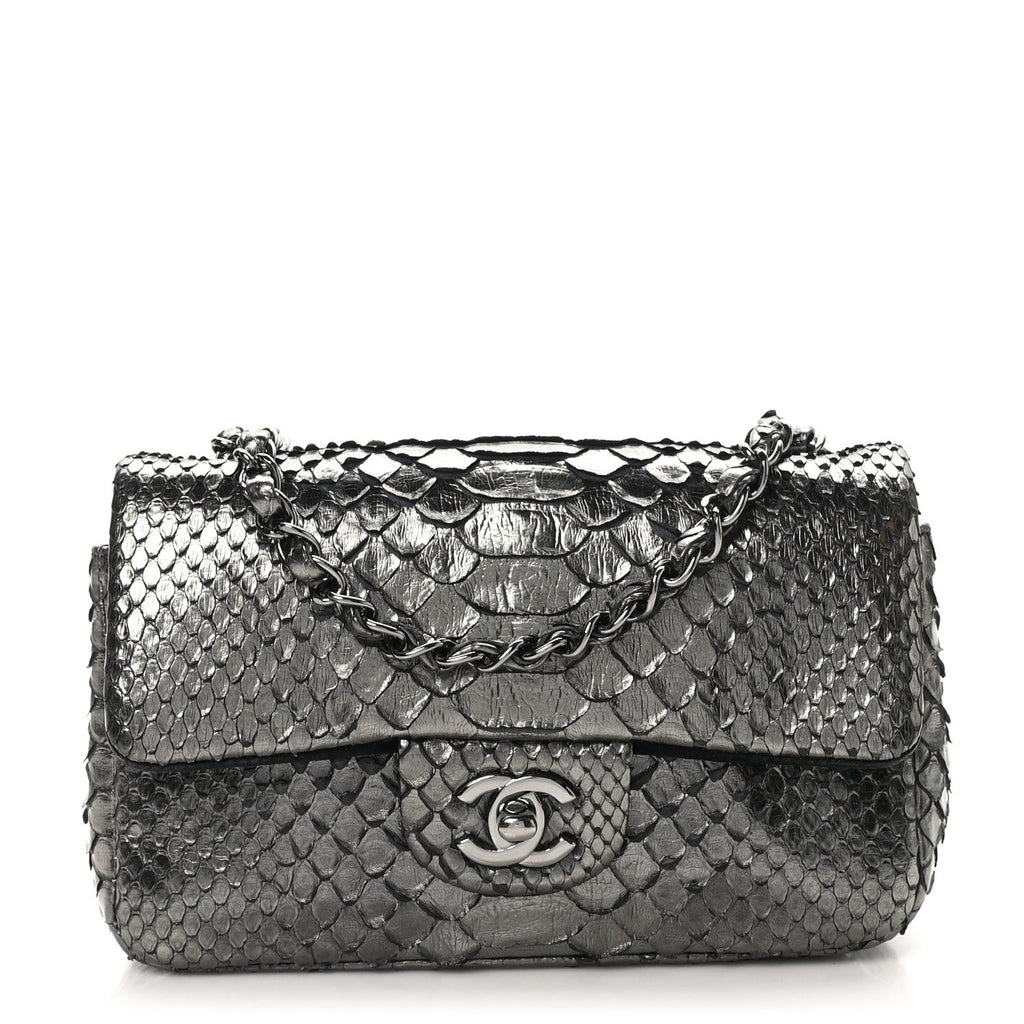 Metallic Snakeskin Mini Rectangular Flap Dark Silver