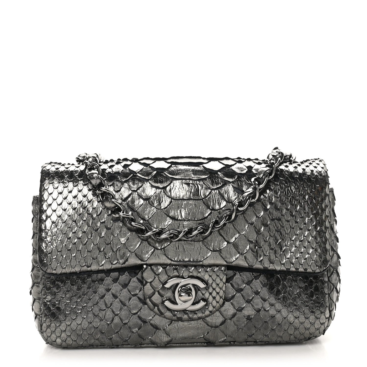 Metallic Snakeskin Mini Rectangular Flap Dark Silver