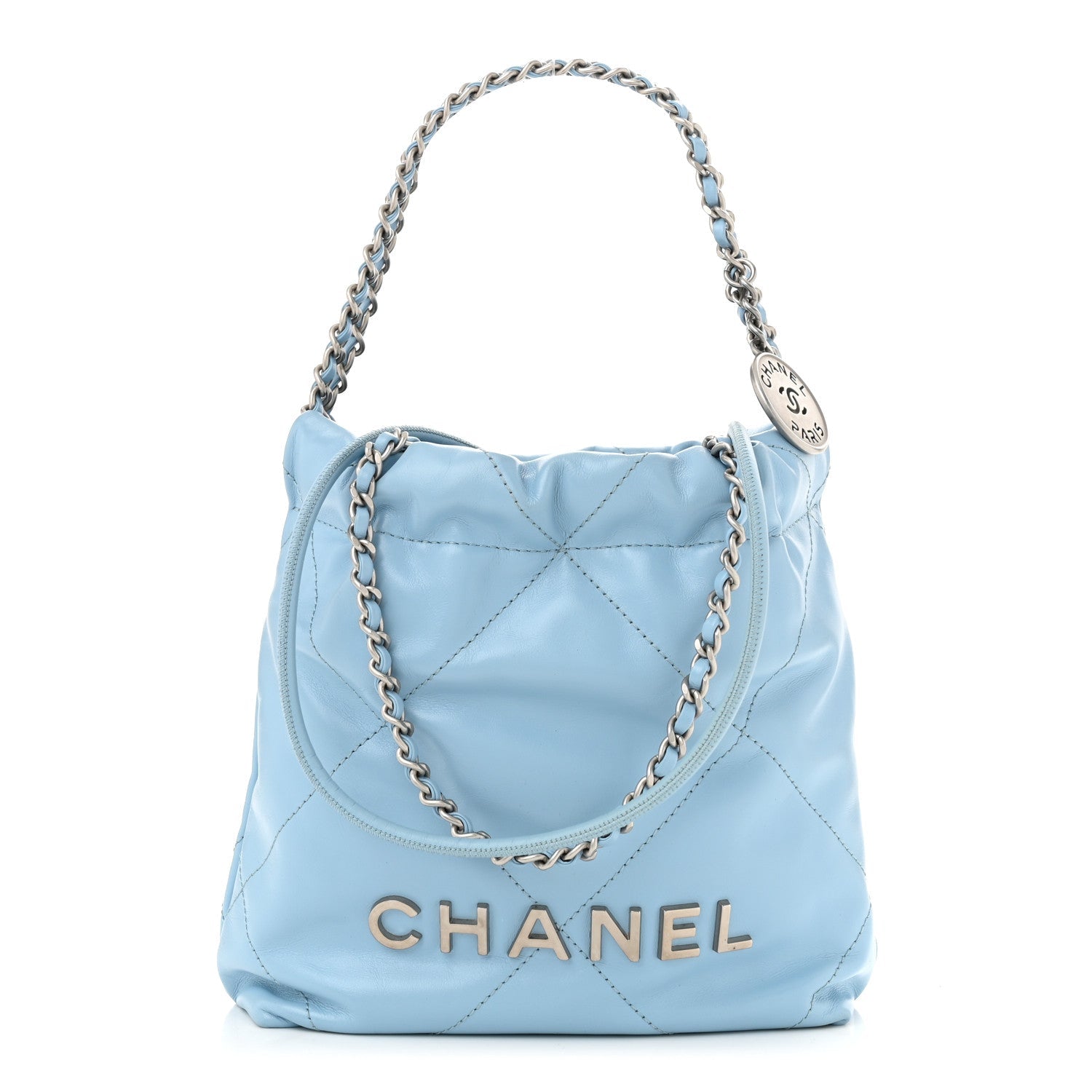 Shiny Calfskin Quilted Mini Chanel 22 Light Blue