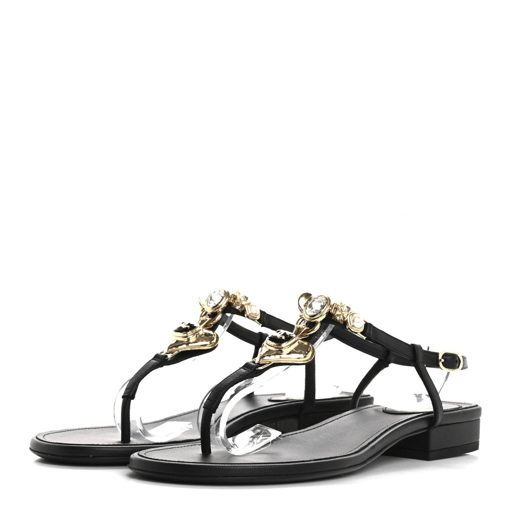 Lambskin Metal Heart Thong Sandals 39 Black