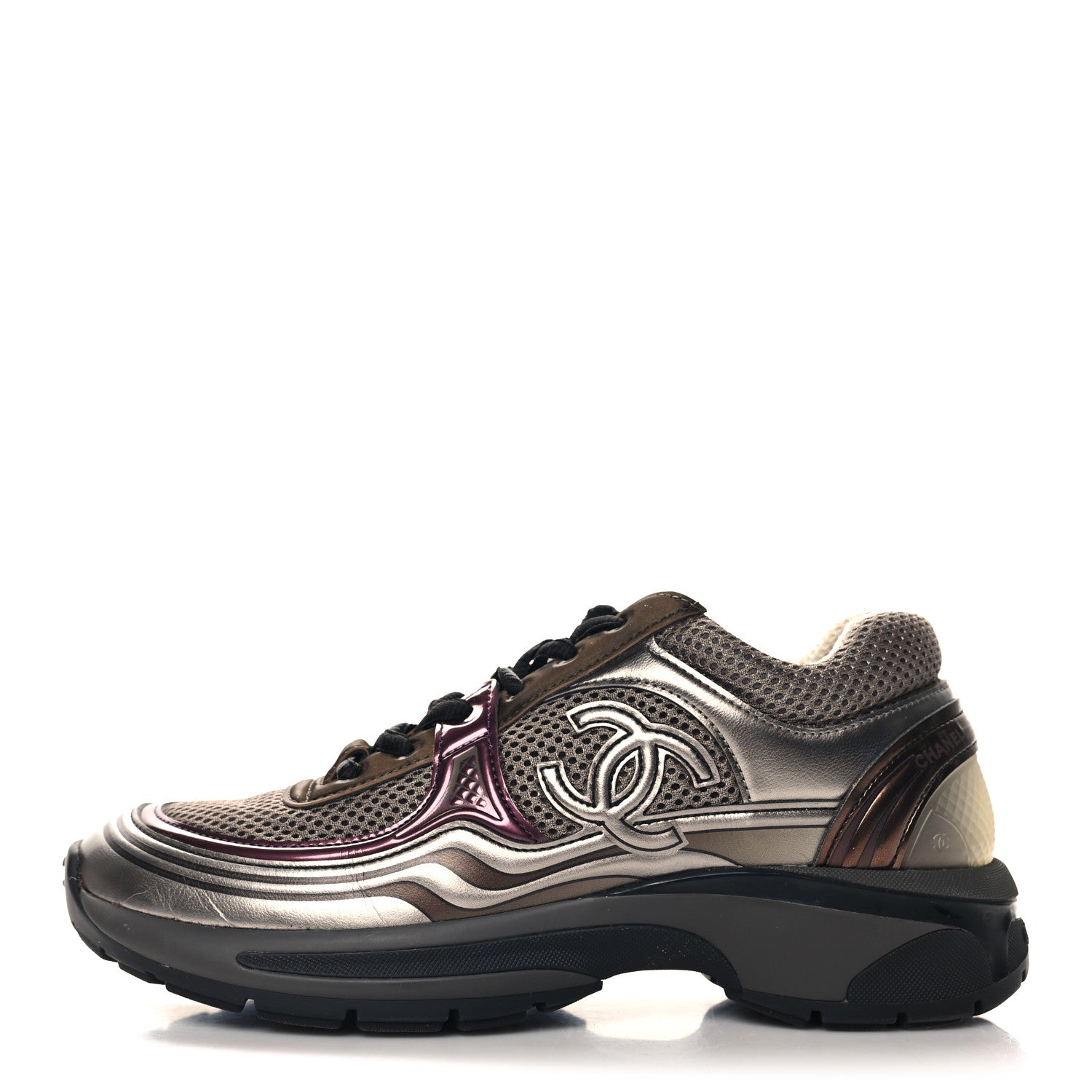 Fabric Laminated Calfskin Stretch CC Womens Sneakers 37 Khaki Silver Dark Purple