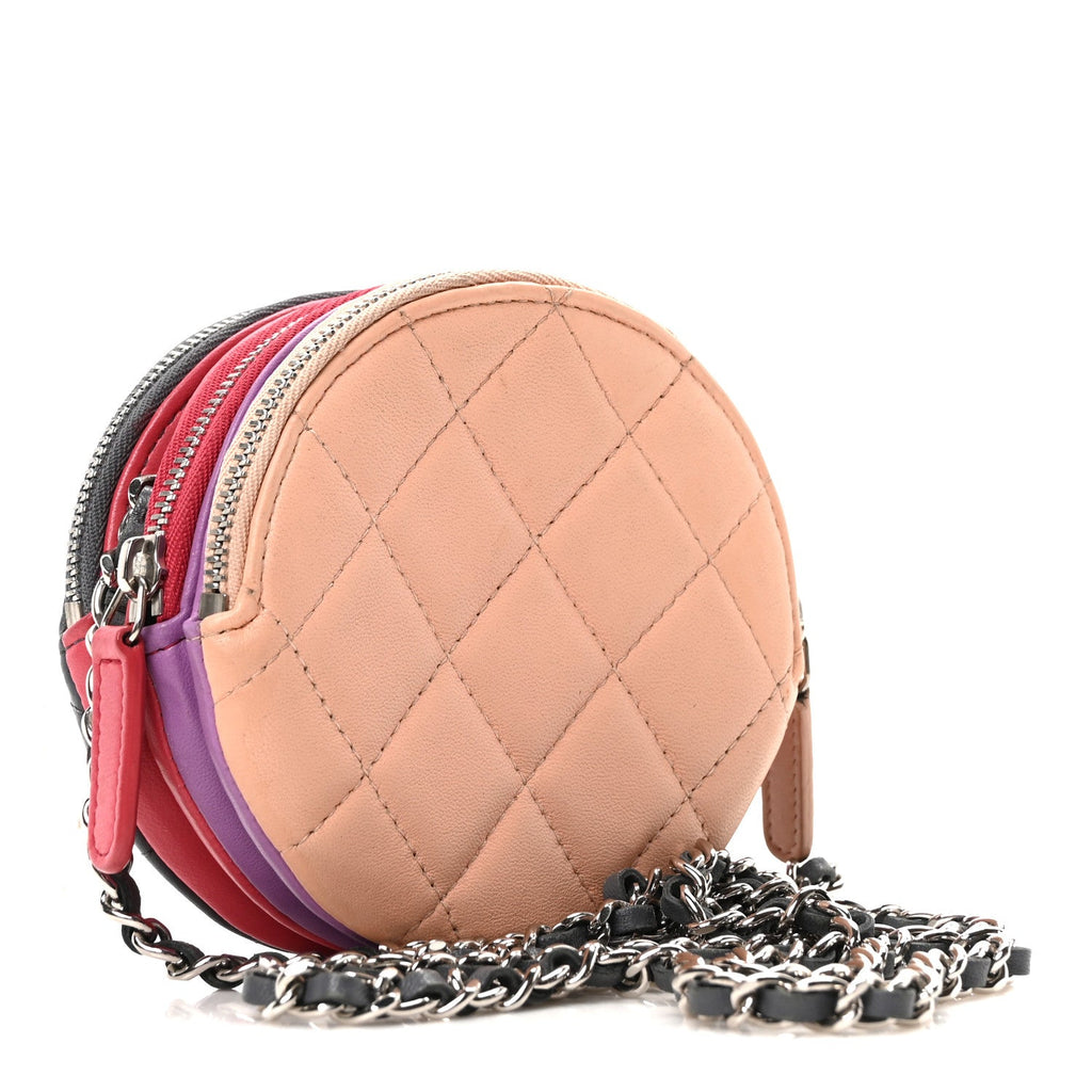 Lambskin Quilted Round Clutch With Chain Grey Multicolor