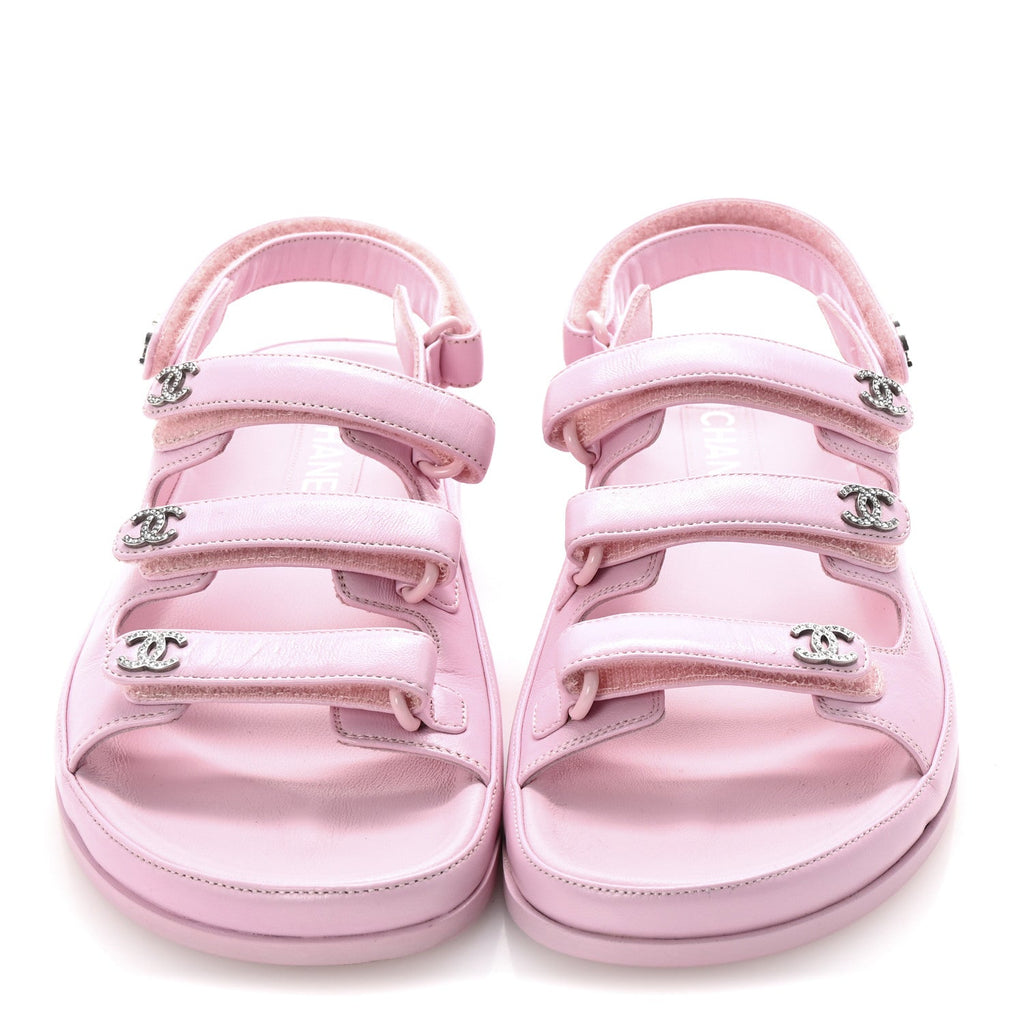 Lambskin Crystal CC Velcro Dad Sandals 36.5 Light Pink