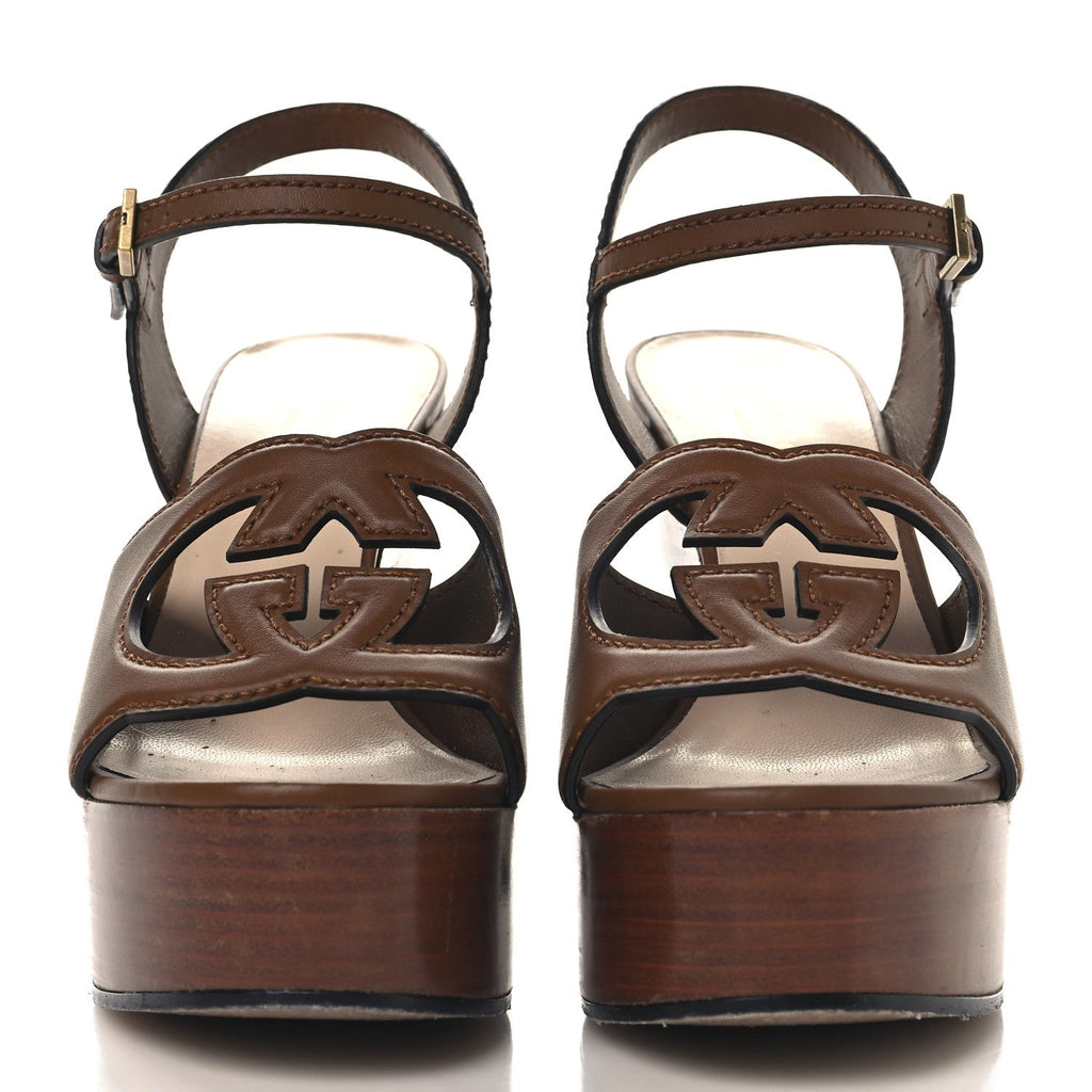 Cosmos Softy Calfskin Wooden Interlocking G Cut-Out 30/120mm Platform Sandals 36 Cuir
