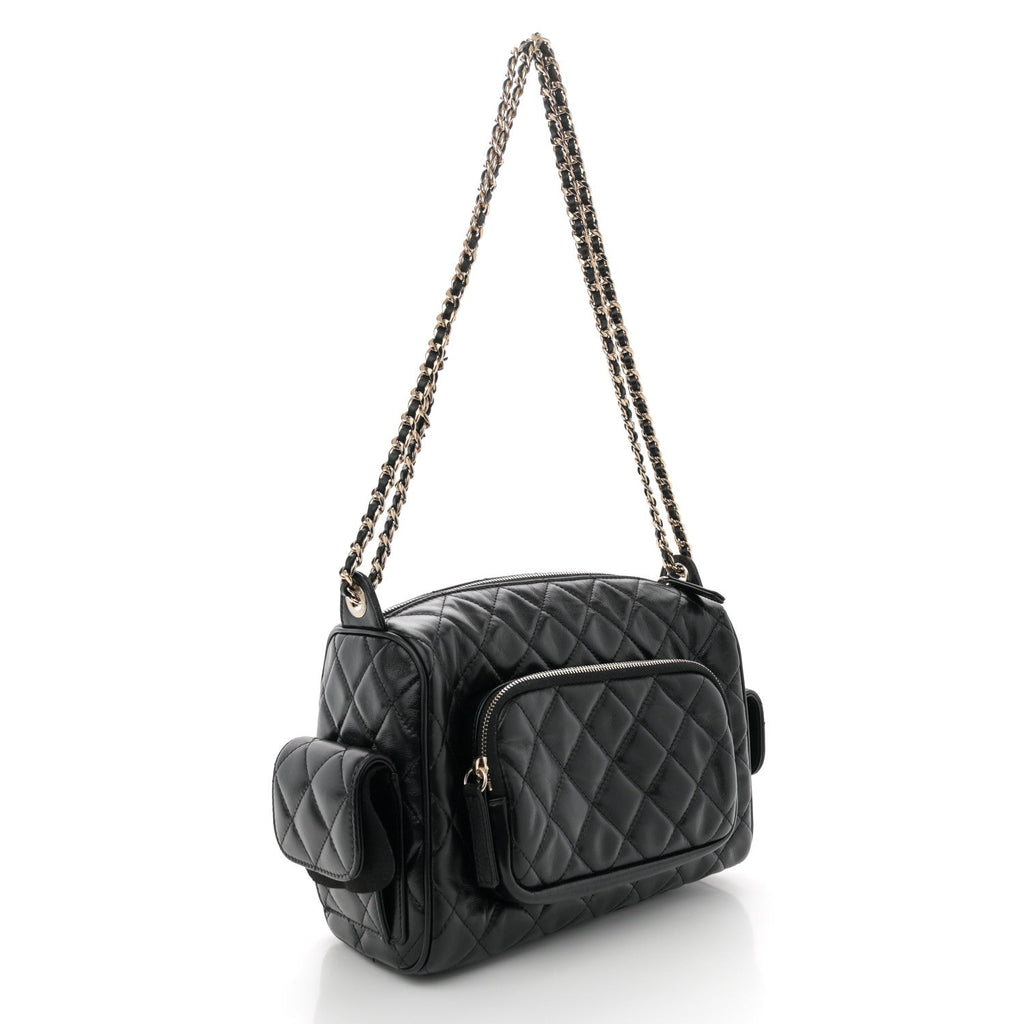 Shiny Crumpled Lambskin Quilted Medium Preppy Pocket Camera Case Black