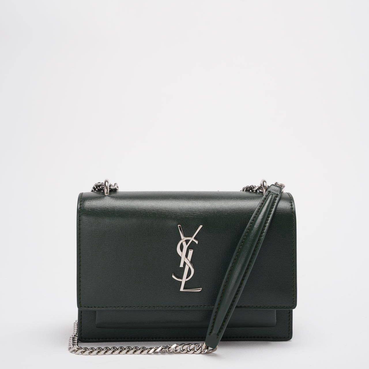 Saint Laurent Sunset Wallet on Chain Mini Olive Green with Silver Tone Hardware