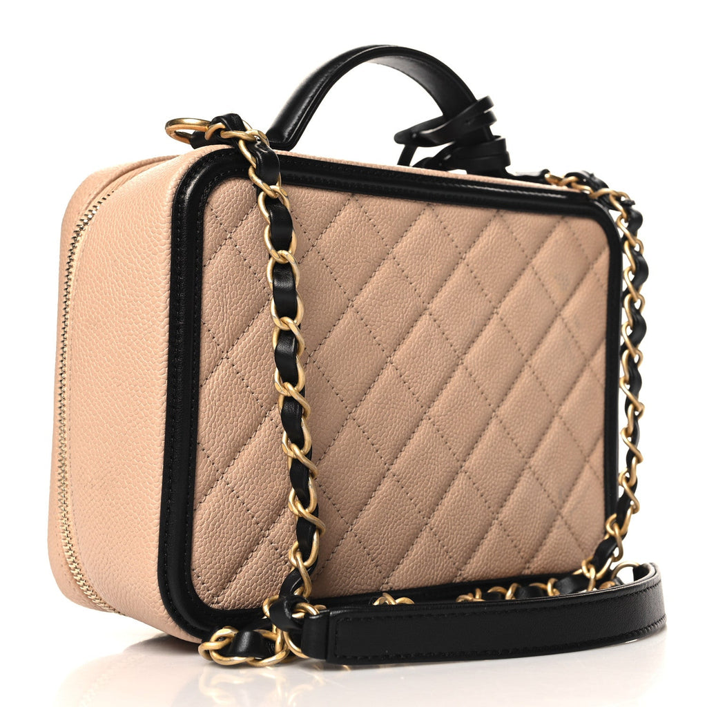 Caviar Quilted Medium CC Filigree Vanity Case Beige Black
