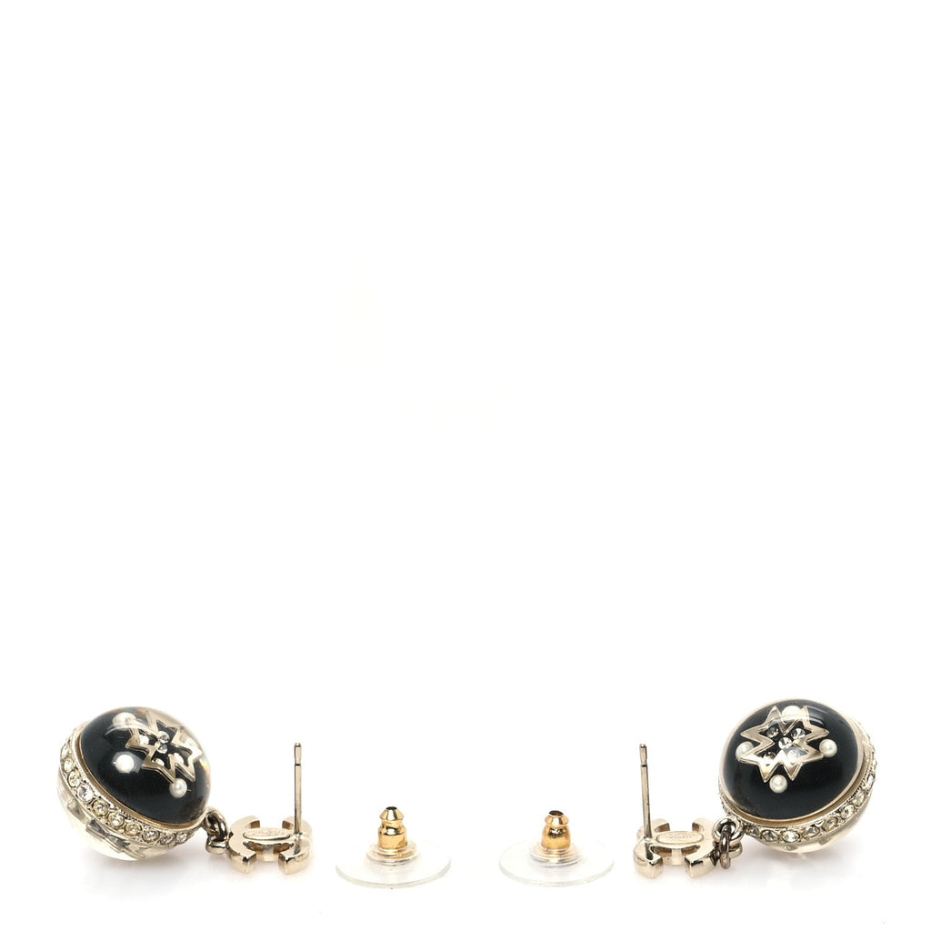 Resin Crystal Pearl CC Ball Drop Earrings Black Gold