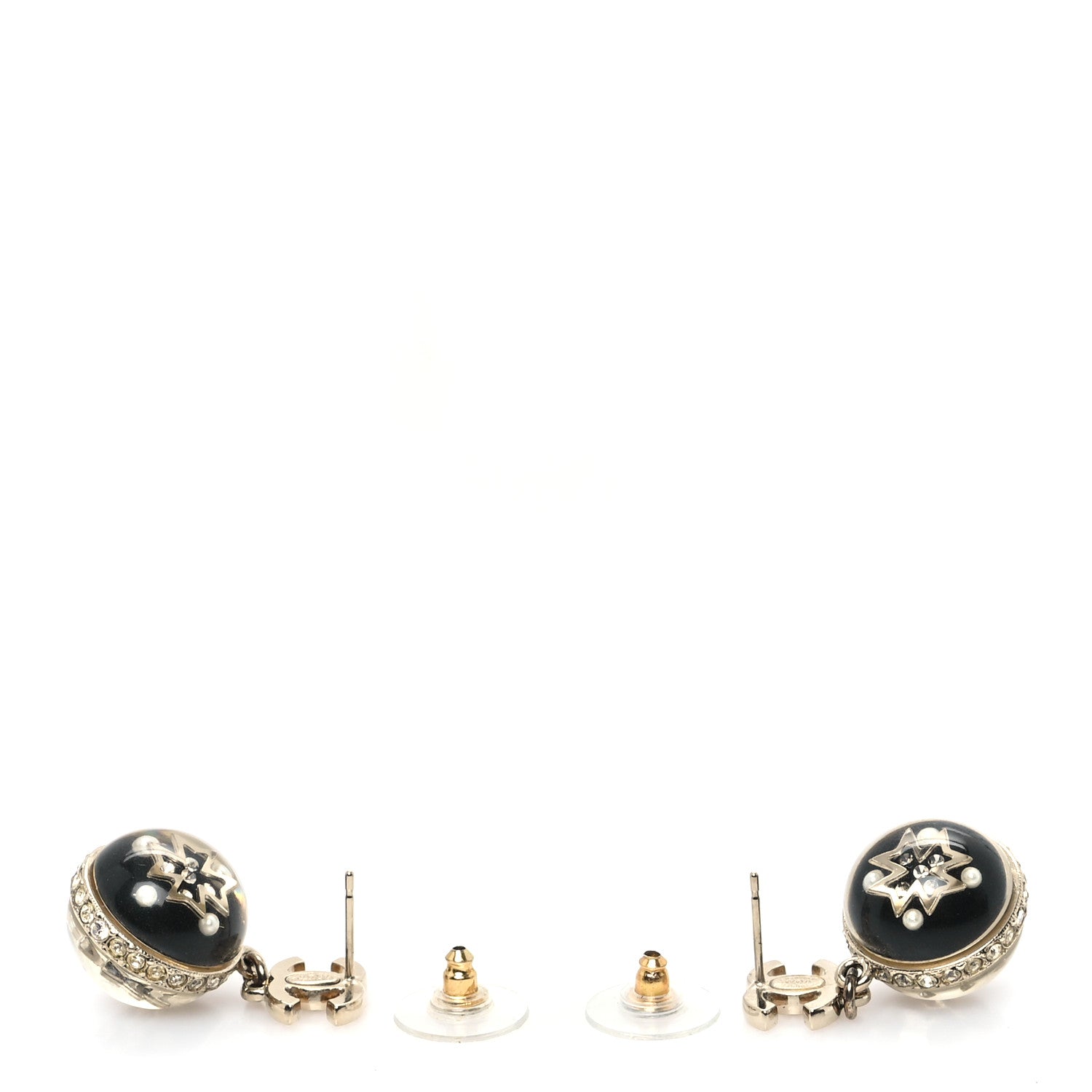 Resin Crystal Pearl CC Ball Drop Earrings Black Gold
