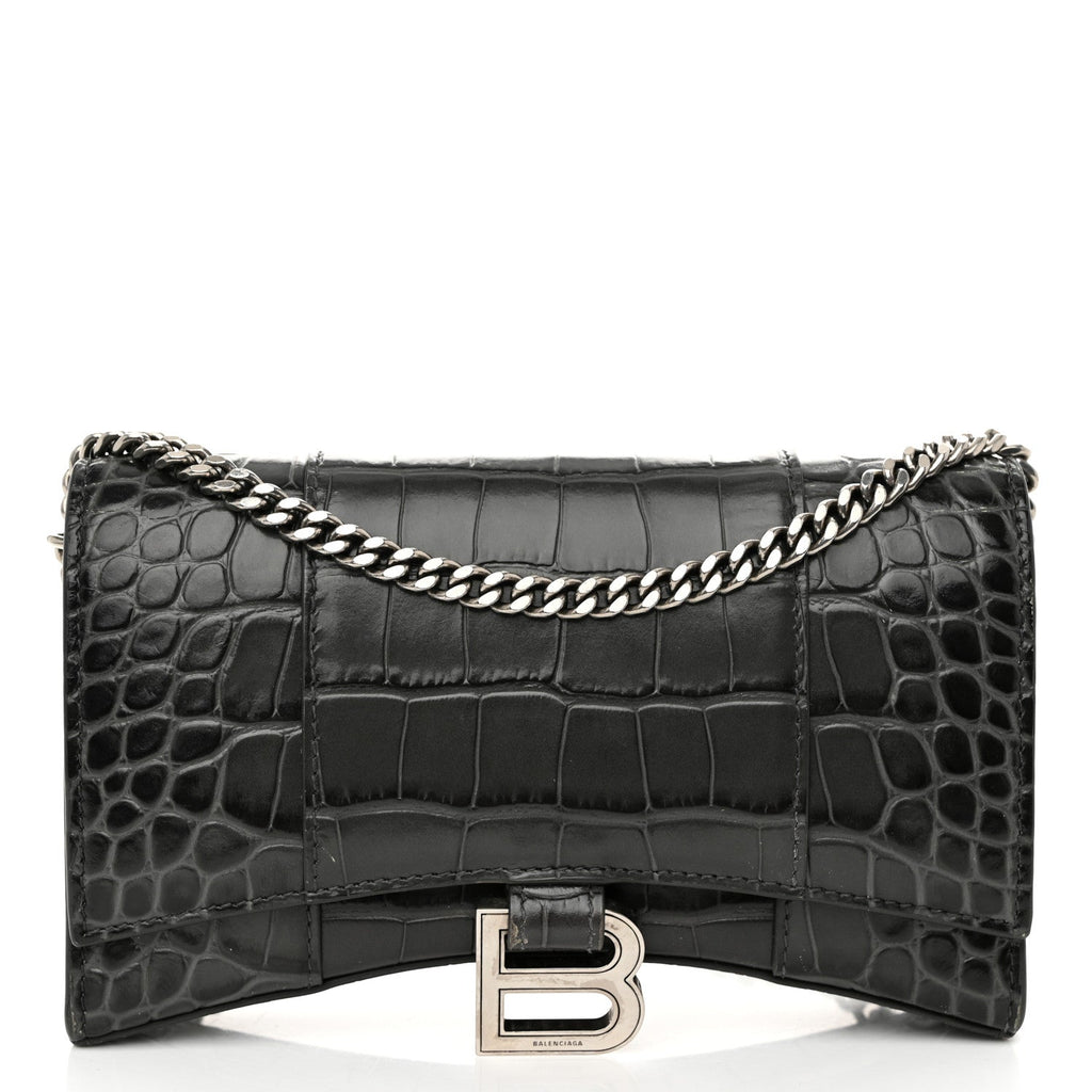 Shiny Calfskin Crocodile Embossed Hourglass Chain Bag Gris