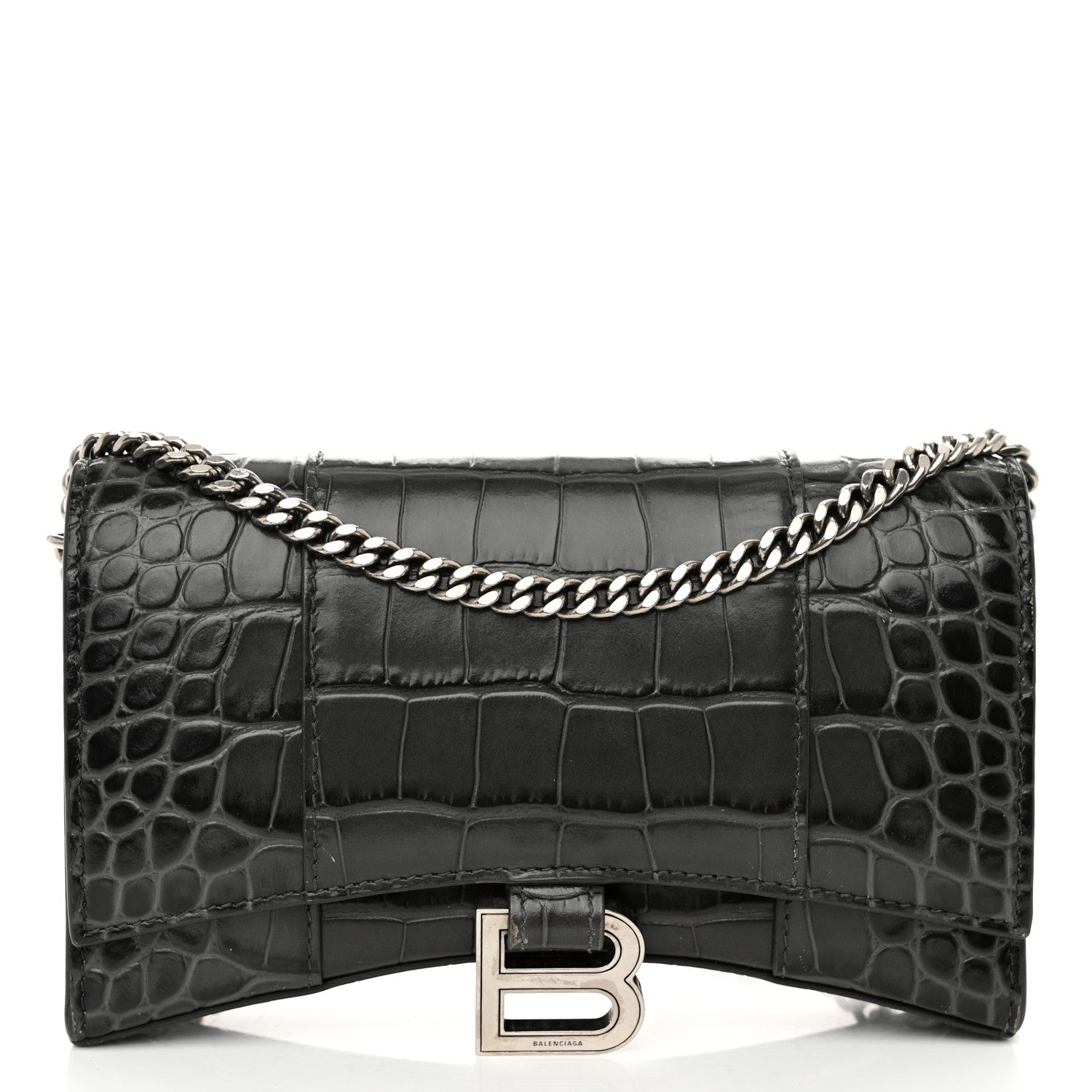 Shiny Calfskin Crocodile Embossed Hourglass Chain Bag Gris