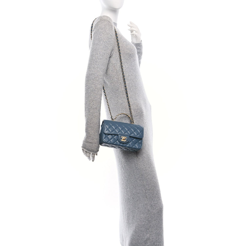 Lambskin Quilted Mini Metal Top Handle Rectangular Flap Blue