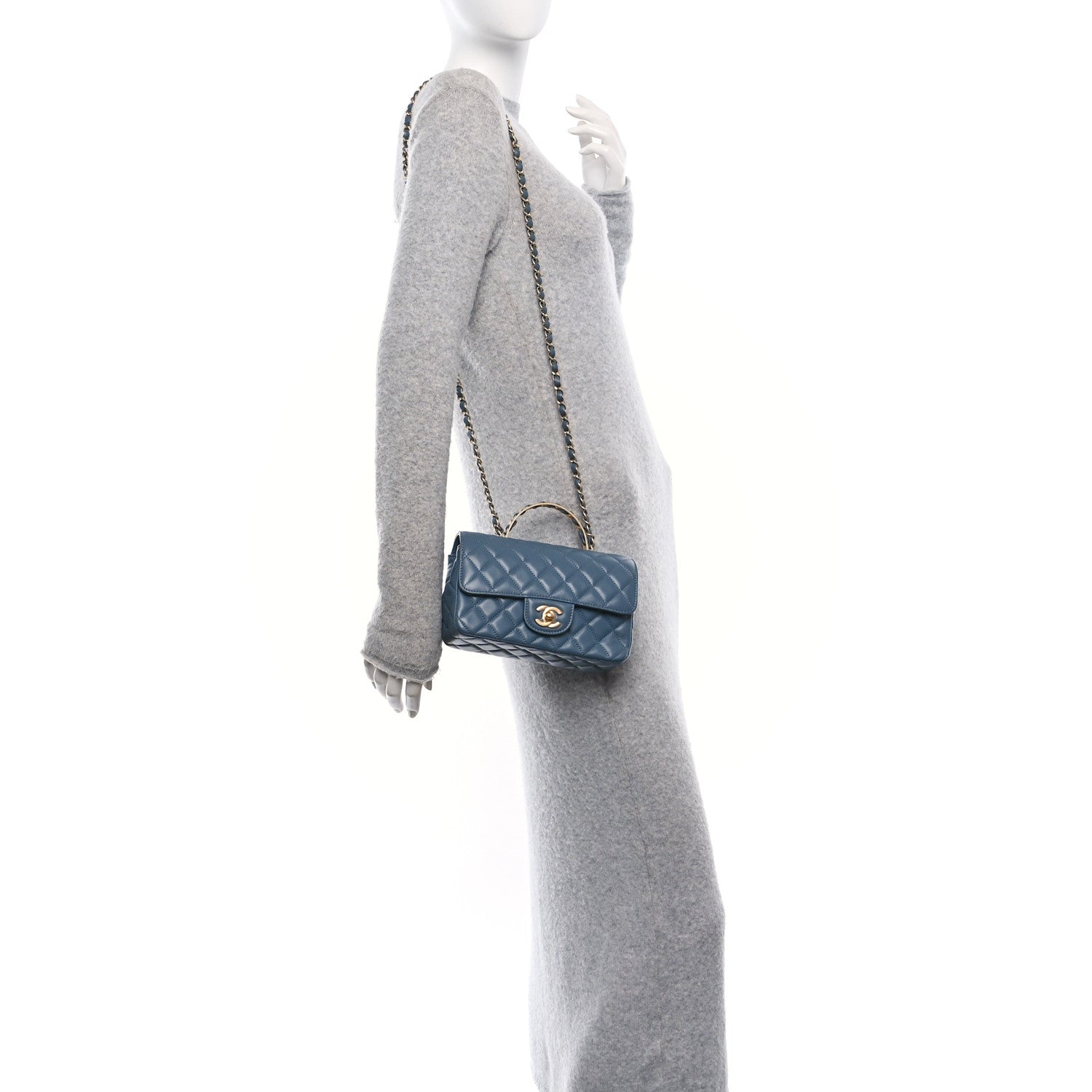 Lambskin Quilted Mini Metal Top Handle Rectangular Flap Blue