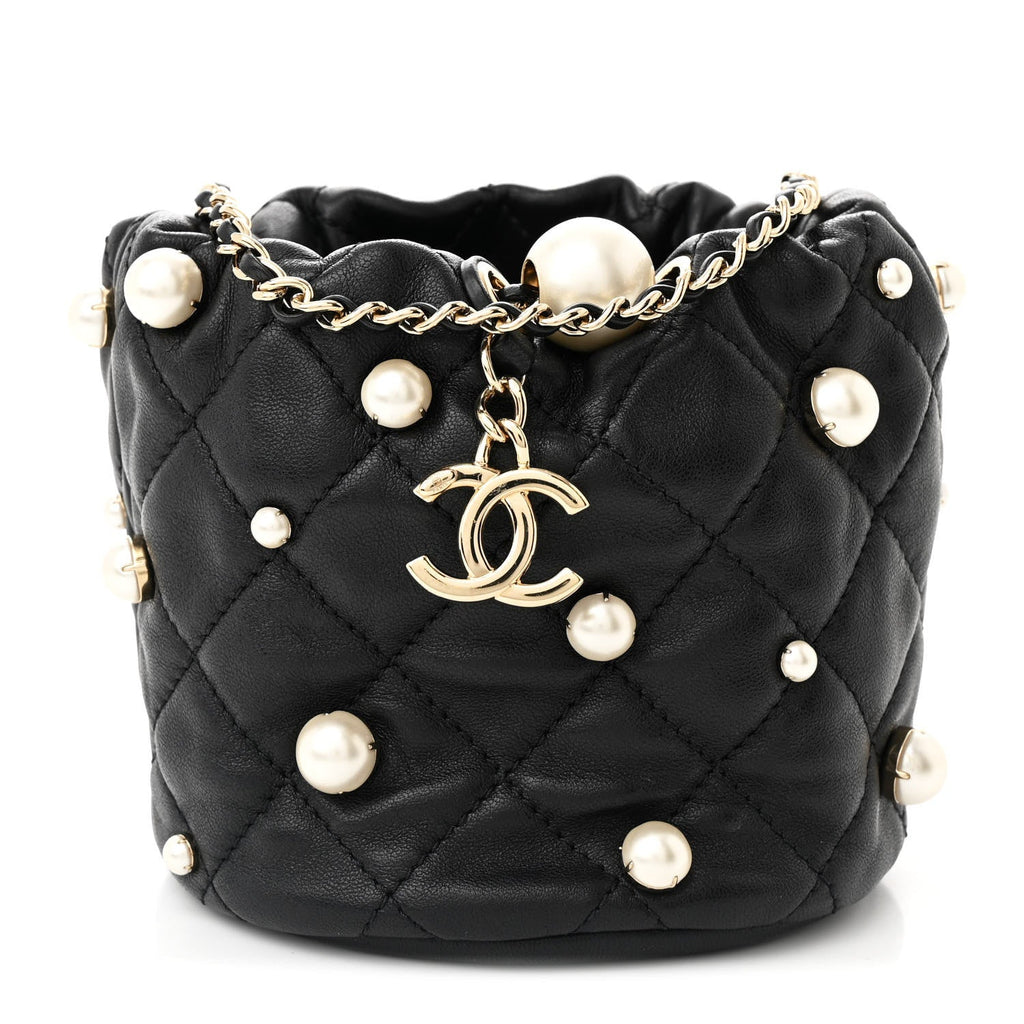 Lambskin Quilted Pearl Mini About Pearls Drawstring Bag Black