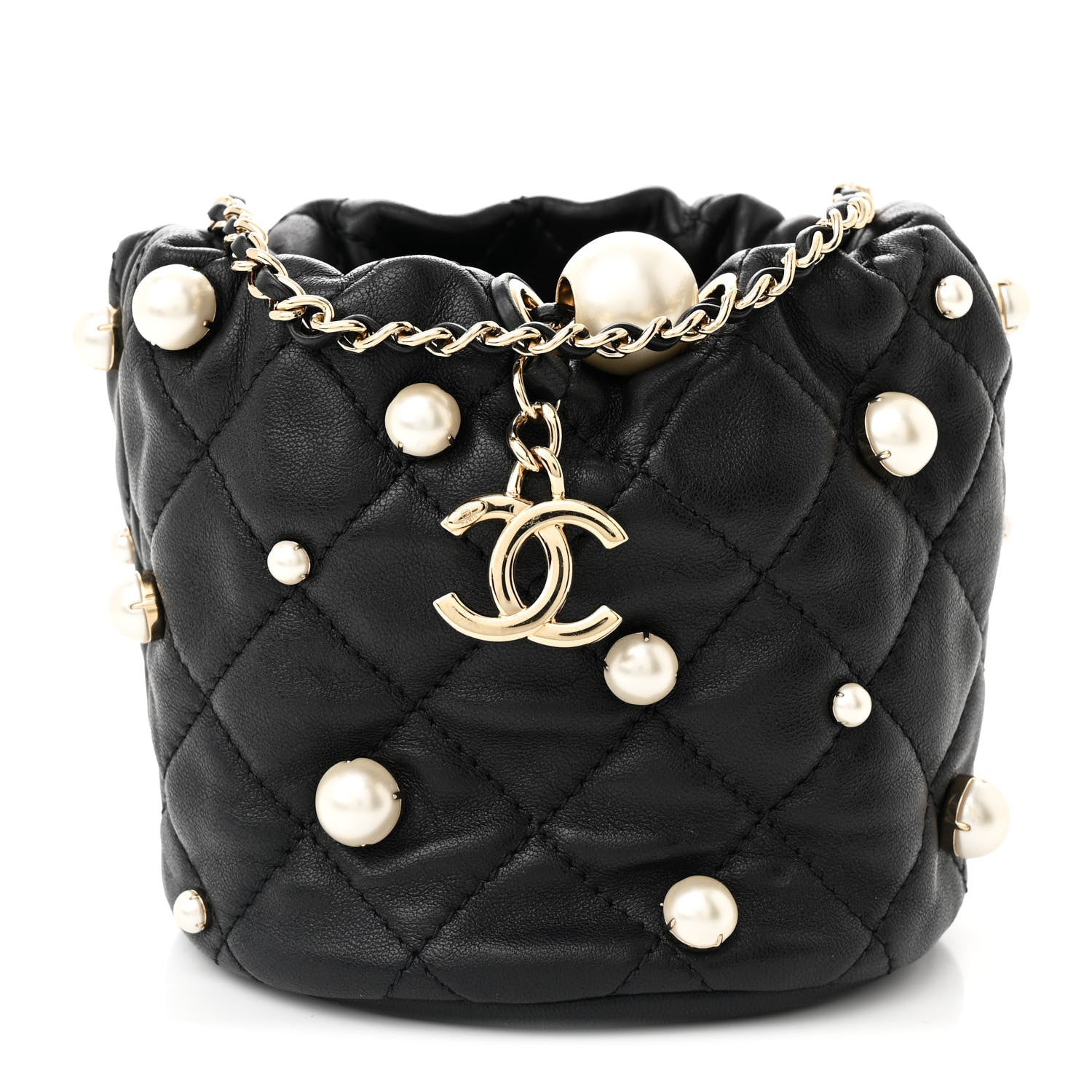 Lambskin Quilted Pearl Mini About Pearls Drawstring Bag Black