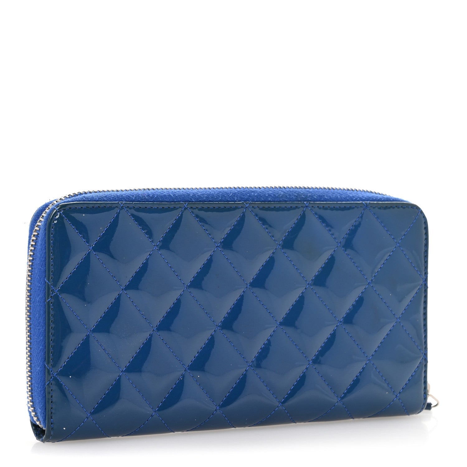 Patent Calfskin Quilted Large Gusset Zip Around Wallet Blue