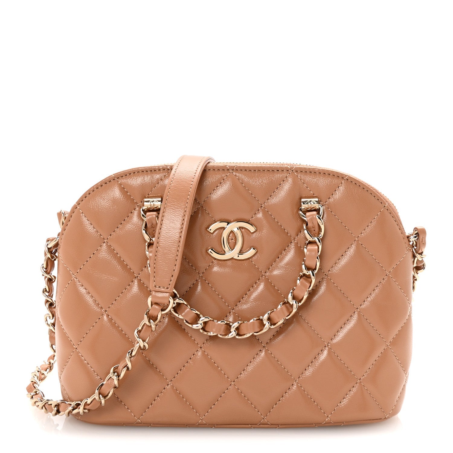 Shiny Lambskin Quilted Shiny Coco Clutch With Chain Dark Beige