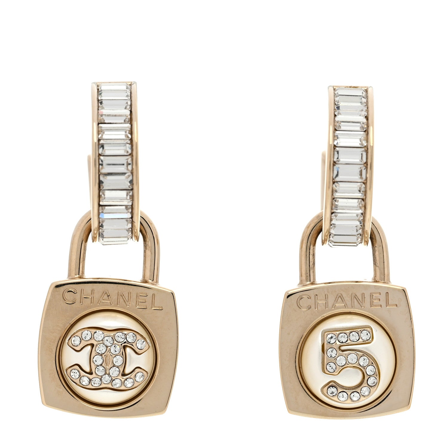 Pearl Crystal Baguette No 5 Lock Drop Earrings Gold Pearly White