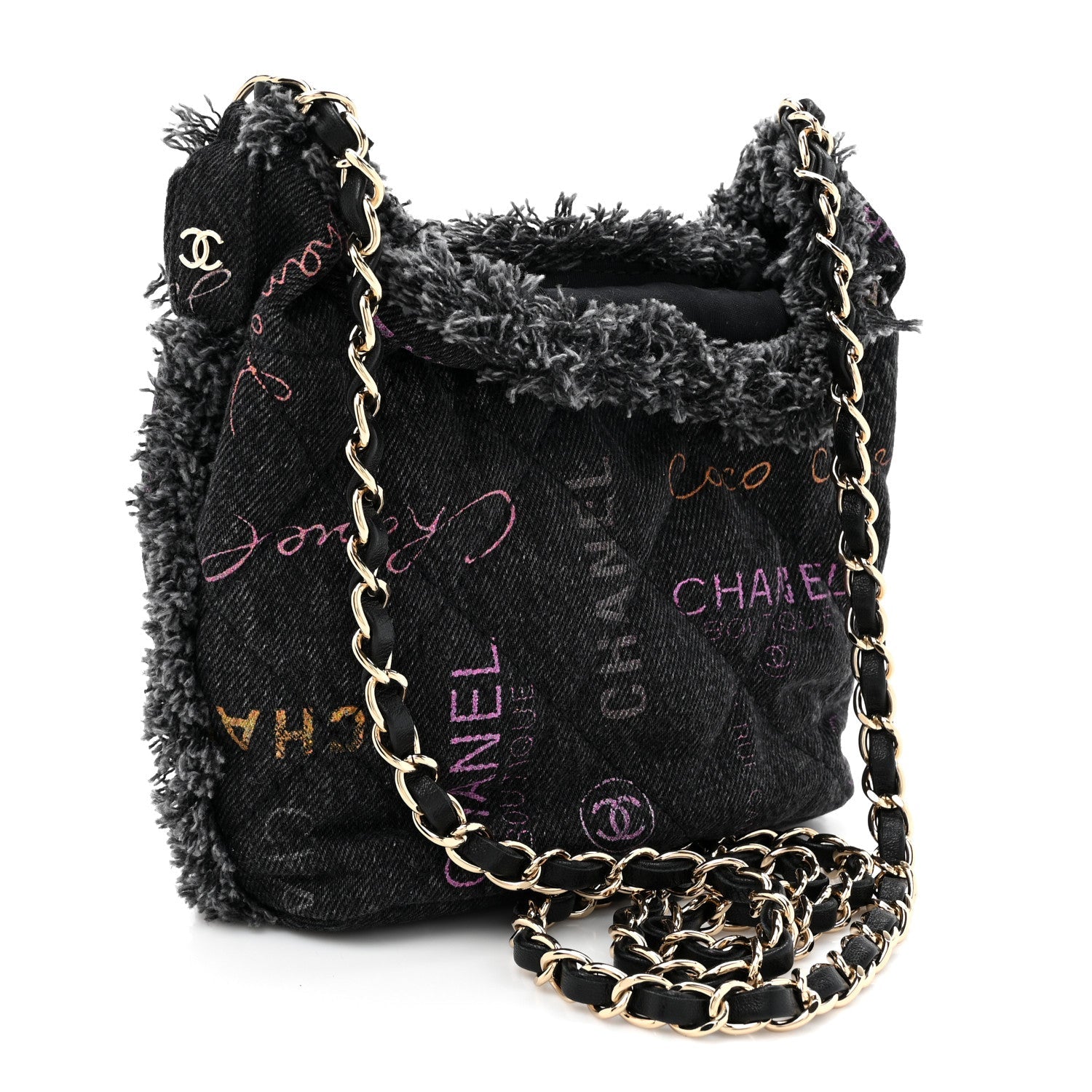 Denim Quilted Mood Small Bucket With Chain Black Multicolor