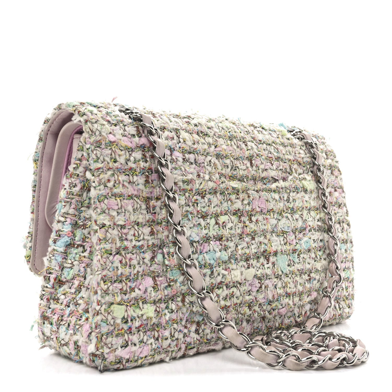 Tweed Quilted Medium Double Flap Light Pink Multicolor
