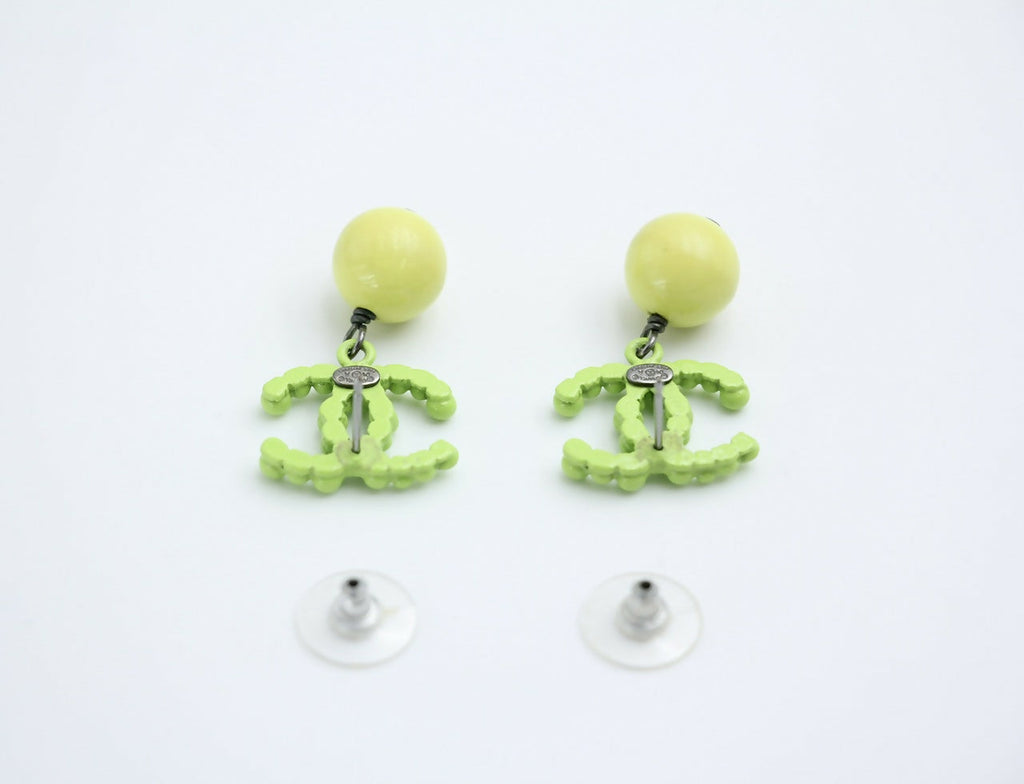 Chanel Vintage 04A Resin Fluorescent Green and Yellow Dangle Stud Earrings